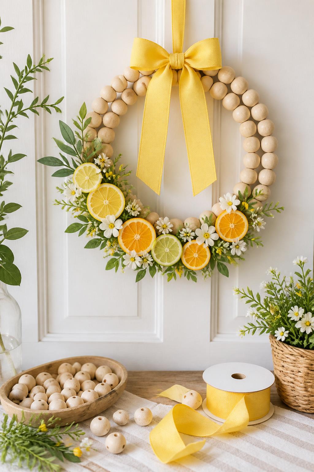 Detailed Image Prompt:
A stylish summer craft photo of a wooden bead wreath with bright seasonal accents, natural wood beads on a round wreath form, decorated with faux citrus slices, small white flowers, greenery, and a soft yellow ribbon, displayed on a light front door, extra beads and ribbon on a craft table nearby, clean modern farmhouse summer look, no people, no faces, no readable text, no watermark on images.