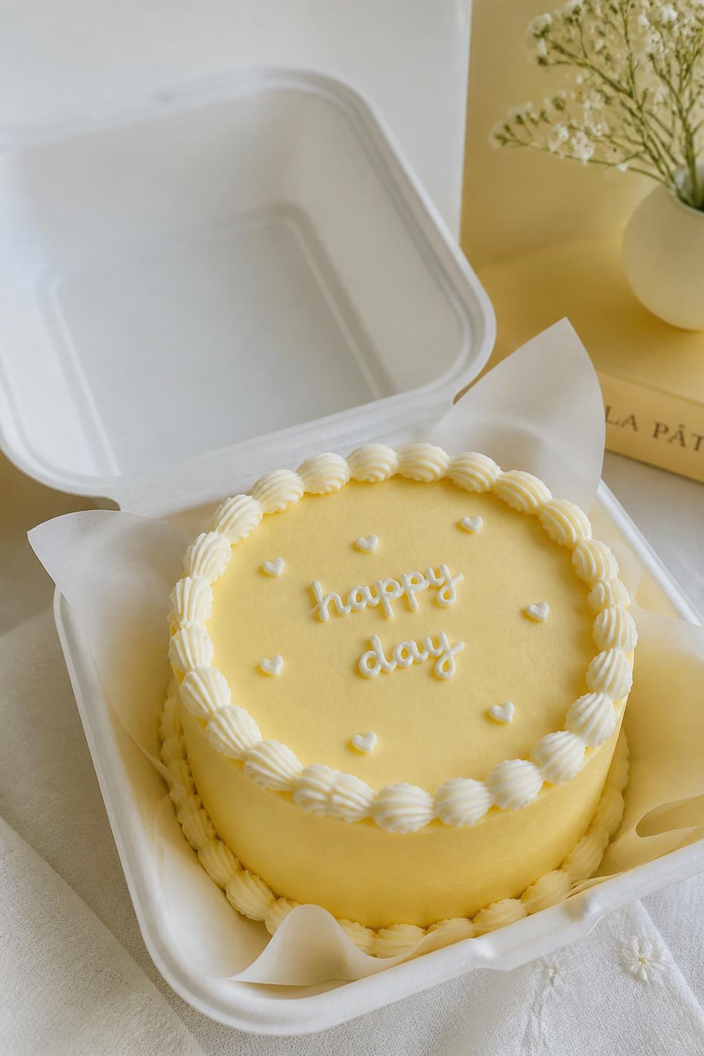 Image Prompt:
A creative minimal butter yellow bento cake inside an open white bento cake box, smooth butter yellow buttercream frosting, neat white piped border, short handwritten icing text that says “happy day,” tiny white heart details, clean modern styling, soft natural light, pastel background, editorial bakery photography, realistic dessert styling, no people, no hands, no faces, no watermarks on images
