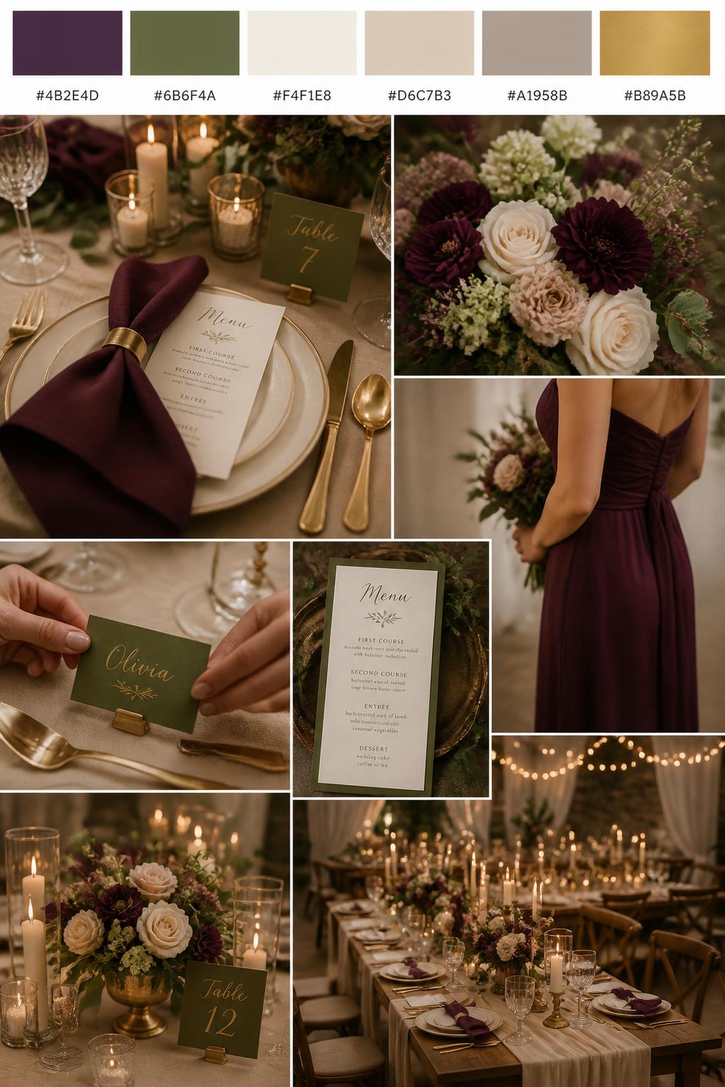 Image Prompt:
A realistic wedding mood board in a Pinterest-style collage layout. Add a top strip of swatches with small hex codes in plum, olive green, cream, warm beige, soft taupe, and antique gold. Below, create a romantic collage with plum napkins, olive green place cards, cream plates, gold flatware, menu cards, bouquet close-ups, a side-view body detail of a bridesmaid dress with no face shown, hands placing a name card, and no-people reception styling under soft candlelight. Avoid clear faces completely by using cropped, turned-away, or detail-only compositions. DSLR-style realism, 9:16 vertical format. (no watermarks on images)