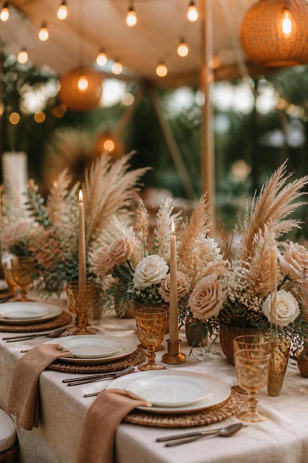Image Prompt:
A professional editorial wedding reception photo showing a chic boho wedding table decorated with pampas grass, beige roses, ivory blooms, dried flowers, and soft greenery in low centerpieces. The table has neutral linen, white plates, rattan chargers, amber glassware, taper candles, and warm romantic lighting. Outdoor or tented boho wedding setting, no visible faces, no full people, table-focused composition, realistic DSLR wedding photography, no text, no watermark, (no watermarks on images)