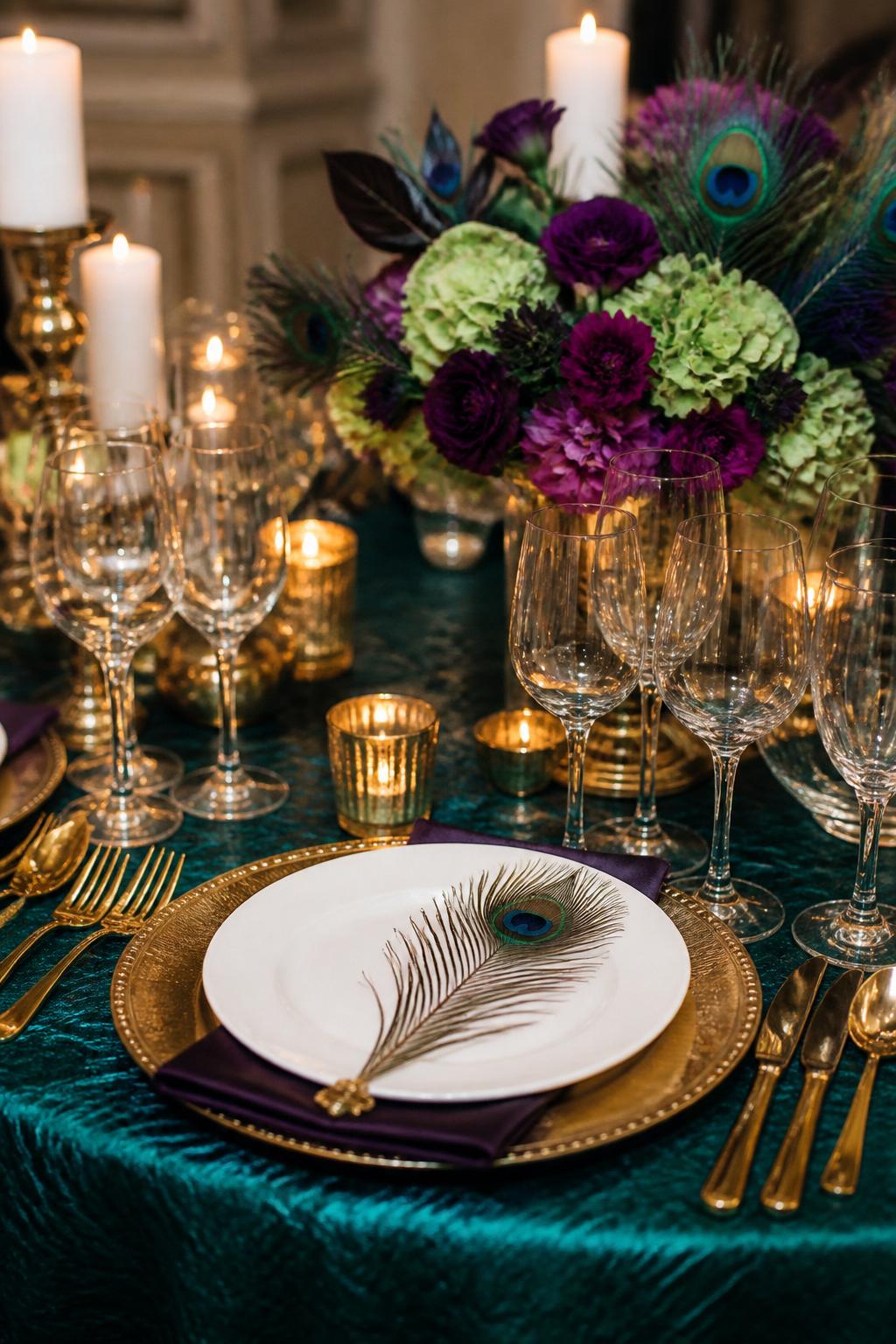 Image Prompt:
A glamorous wedding reception table styled with peacock-inspired jewel tones including emerald, teal, sapphire, and plum, paired with white plates, gold flatware, crystal glasses, elegant candles, and refined floral arrangements. Luxury indoor reception setting, no visible faces, no text, no watermark, realistic DSLR wedding photography, (no watermarks on images)