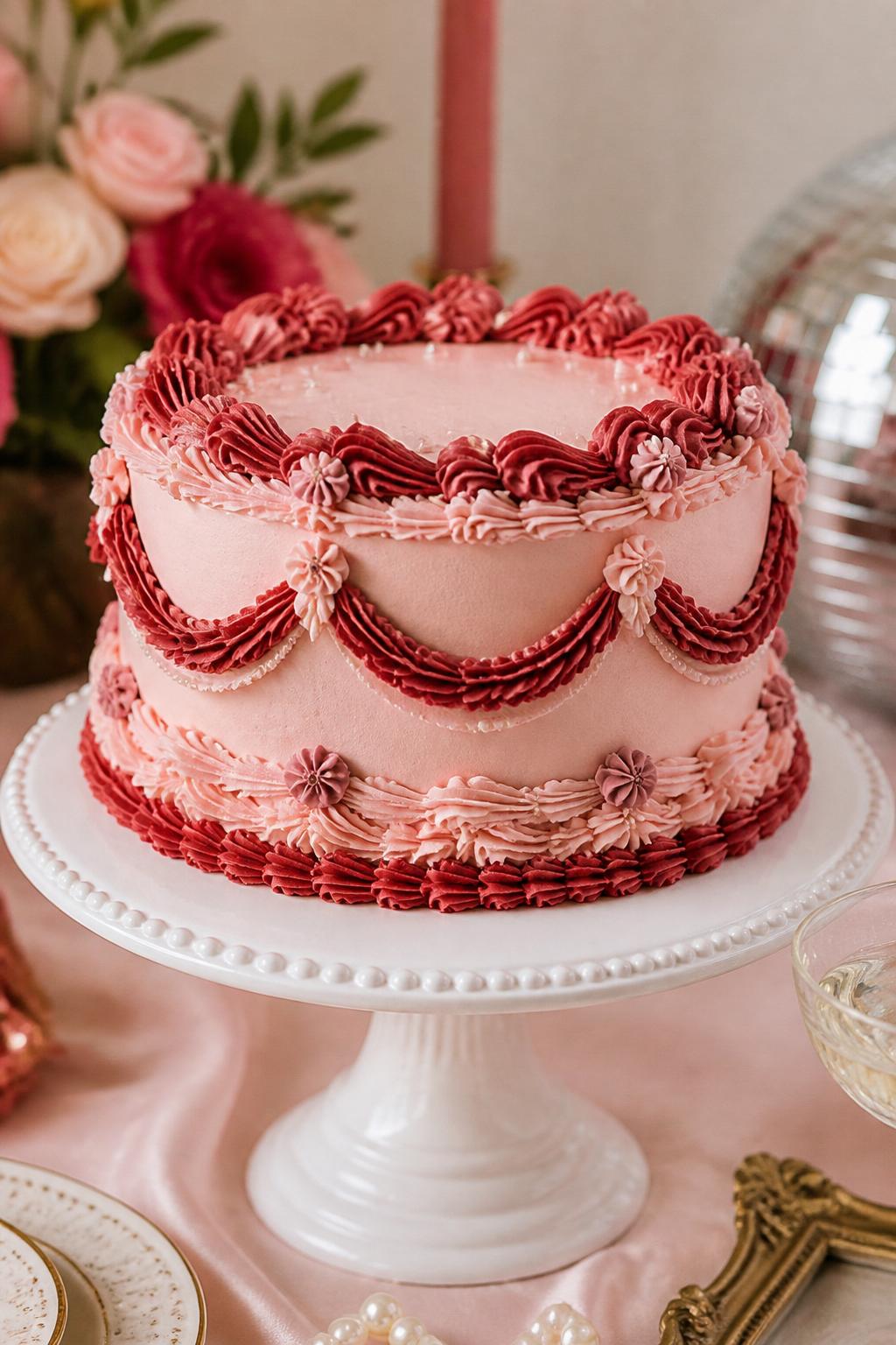 Detailed Image Prompt:
A cute vintage Lambeth cake in pink and red, with a soft blush pink buttercream base, deep red piped swags, shell borders, overpiping, rosettes, and tiny pearl details, styled on a white pedestal cake stand with soft romantic party decor in the background, elegant editorial cake photography, no people, realistic DSLR photo, high-detail buttercream piping texture, no watermarks on images.