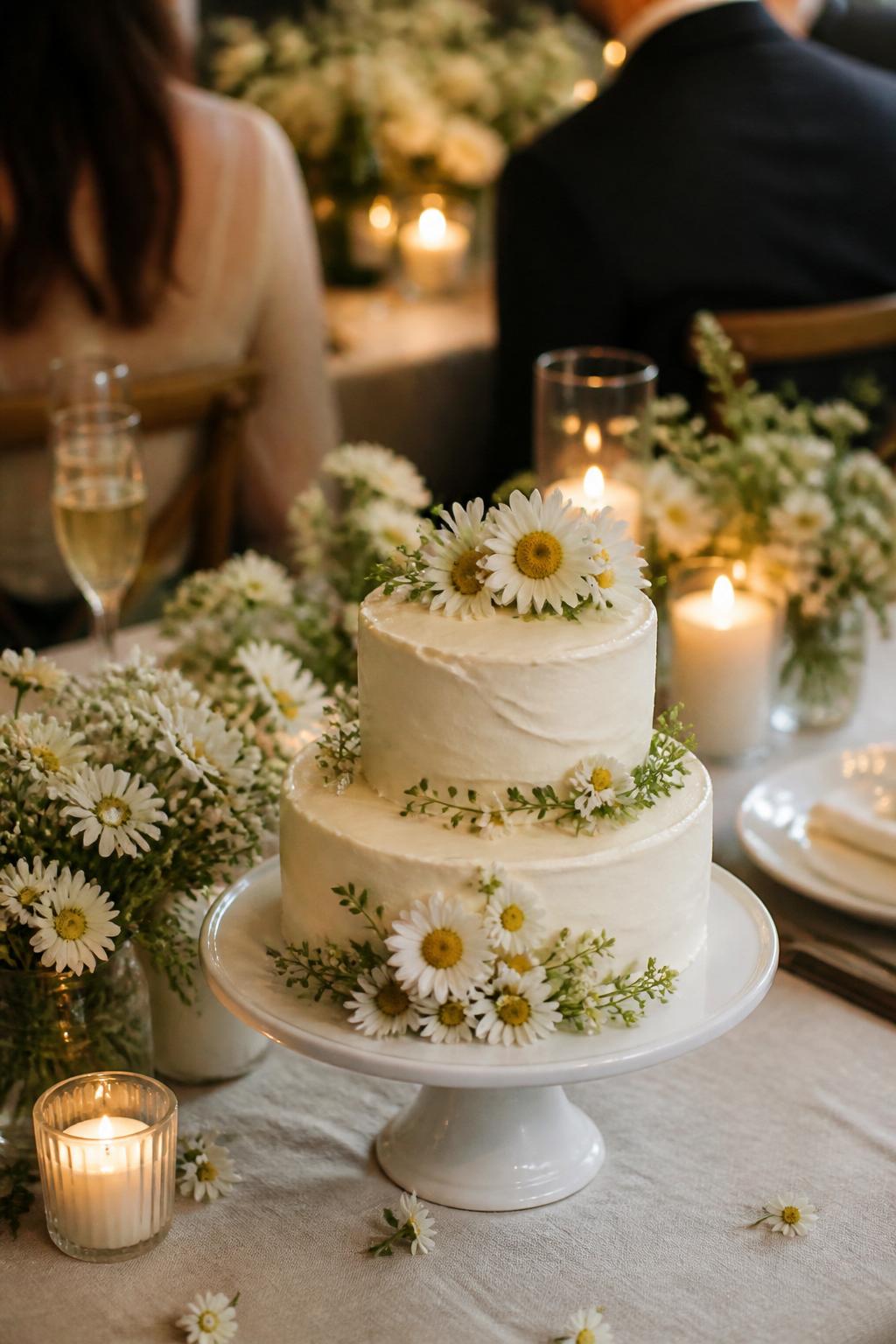 Image Prompt: Ultra-realistic intimate wedding reception photo of a small daisy wedding cake with one or two smooth white or ivory tiers, fresh white daisies, tiny white flowers, and soft greenery. Place the cake on a simple elegant cake stand at a small wedding party scene with candles, linen tablecloth, daisy floral arrangements, champagne glasses, and a softly blurred cozy reception background. Keep the cake in sharp focus. No visible faces. If people appear, show only cropped hands, back views, side angles, or neck-down figures. Realistic daisy petals, smooth buttercream, warm natural DSLR photography. (no watermarks on images)