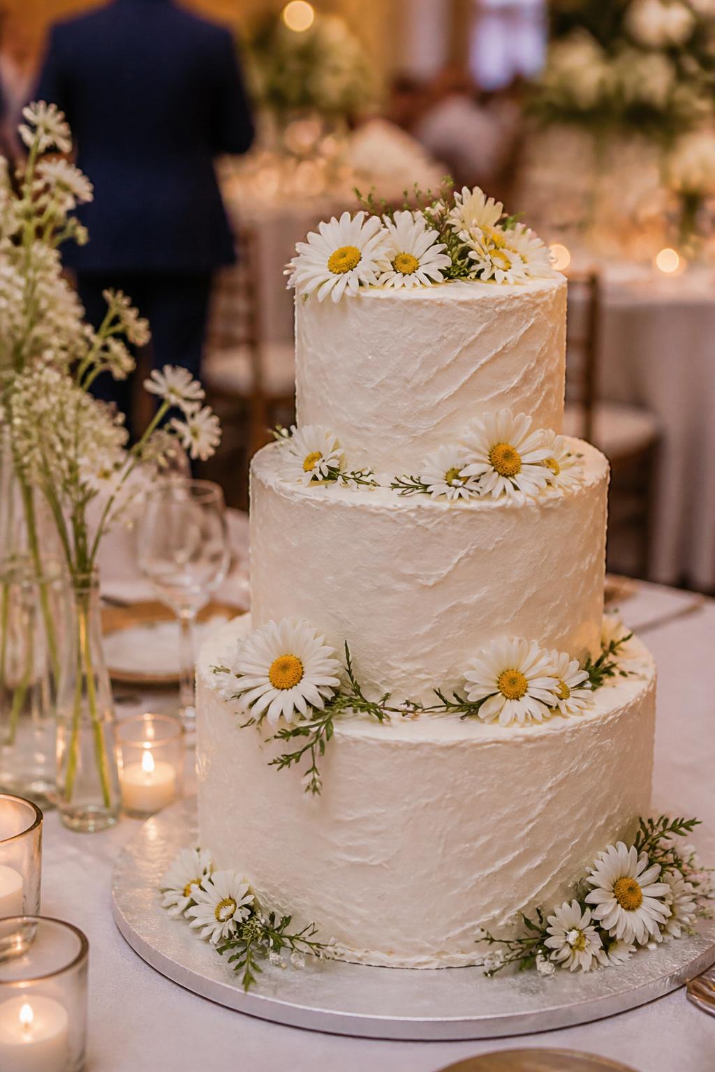 Image Prompt: Ultra-realistic wedding reception image of a textured buttercream daisy wedding cake with soft white or ivory frosting, gentle palette-knife buttercream texture, fresh daisies, and a few subtle greenery accents. Place the cake on a styled wedding cake table with candles, white floral centerpieces, glassware, fine linens, and a softly blurred wedding reception scene. Keep the cake as the main subject. No visible faces. If people appear, show only cropped hands, side views, back views, or figures from the neck down. Realistic buttercream texture, daisy petals, soft wedding lighting, DSLR editorial photography. (no watermarks on images)
