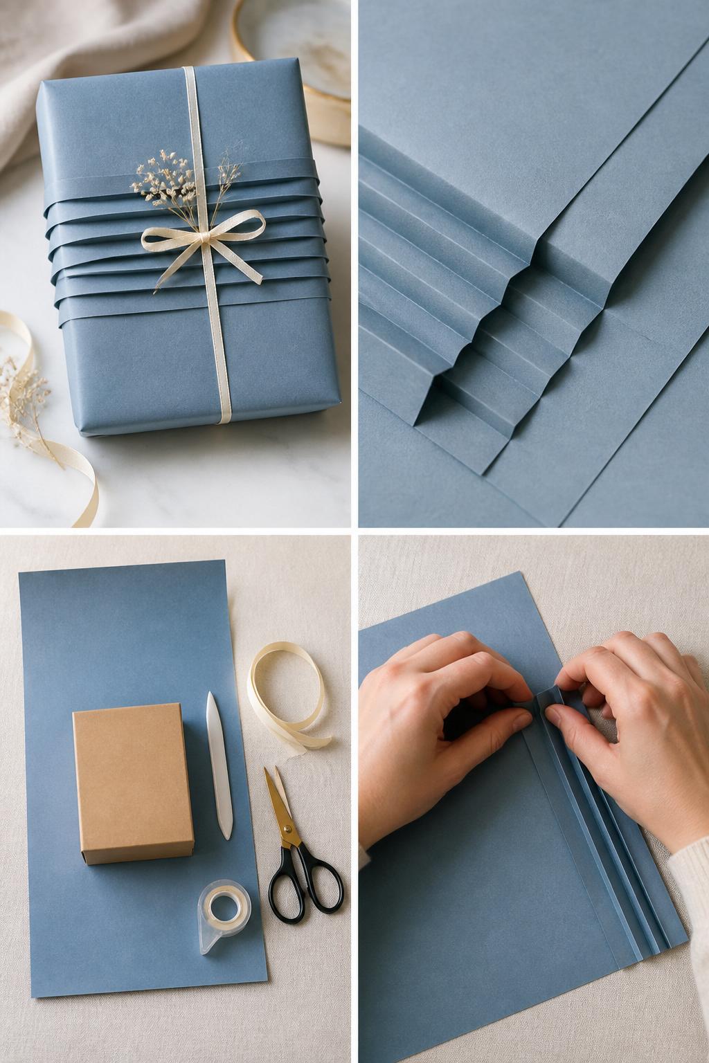 Detailed Image Prompt:
A realistic editorial 2x2 collage grid showing a pleated paper gift wrapping technique, top-left finished gift wrapped in soft blue paper with a neat pleated panel across the front and thin ribbon, top-right close-up of folded paper pleats and crisp crease lines, bottom-left flat lay of wrapping paper, gift box, bone folder, scissors, tape, and ribbon, bottom-right cropped hands folding narrow pleats into the paper before wrapping, elegant gift wrapping craft table, no faces, no text, no watermark on images.