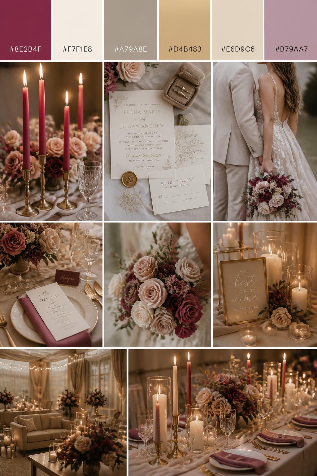 Image Prompt:
A realistic wedding palette mood board in a polished Pinterest collage layout. Include a top strip of color swatches with hex codes in raspberry, ivory, taupe, soft gold, warm beige, and muted mauve. Below, show a romantic collage with raspberry taper candles, neutral table linens, soft floral centerpieces, invitation flat lays, candlelit details, a side-view cropped couple shot with no faces visible, bouquet close-ups, and softly lit no-people reception decor. Keep variety in the compositions with no full faces, using back views, hands-only images, and no-people styling scenes. The mood should feel warm, elegant, and romantic with real DSLR photo quality. 9:16 vertical format. (no watermarks on images)