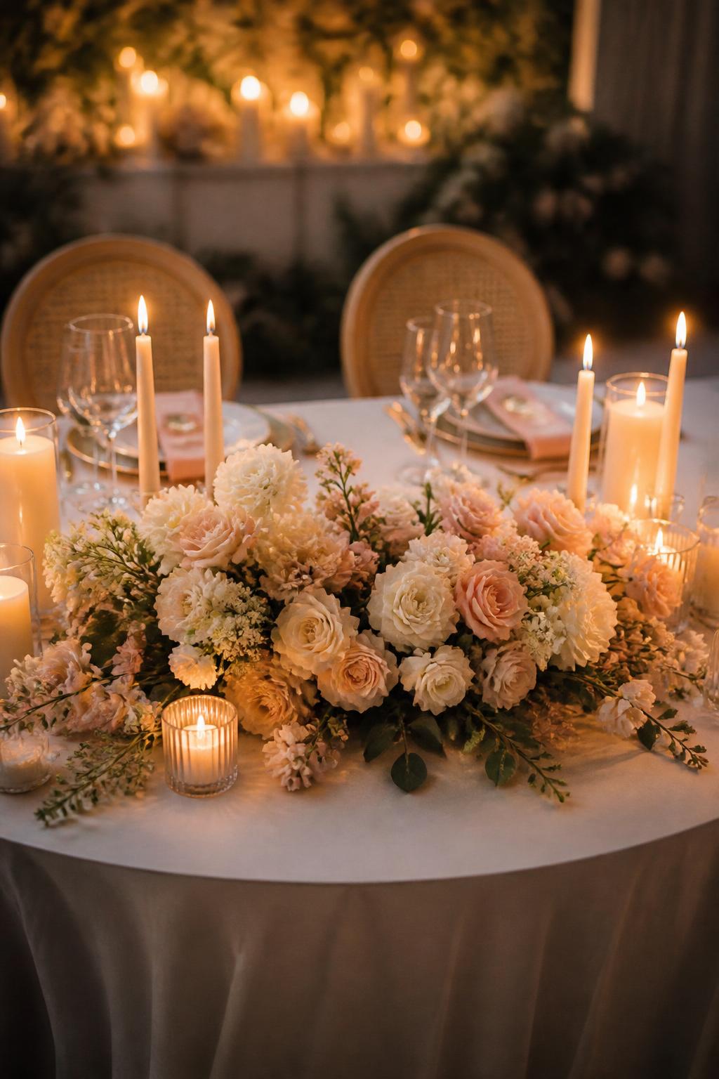 Image Prompt:
A romantic editorial wedding photo showing a sweetheart table decorated with low floral arrangements in blush, ivory, and soft peach tones, surrounded by taper candles, pillar candles, and glass votives. Elegant table setting, warm evening glow, no visible faces, no full people, realistic DSLR wedding photography, no text, (no watermarks on images)