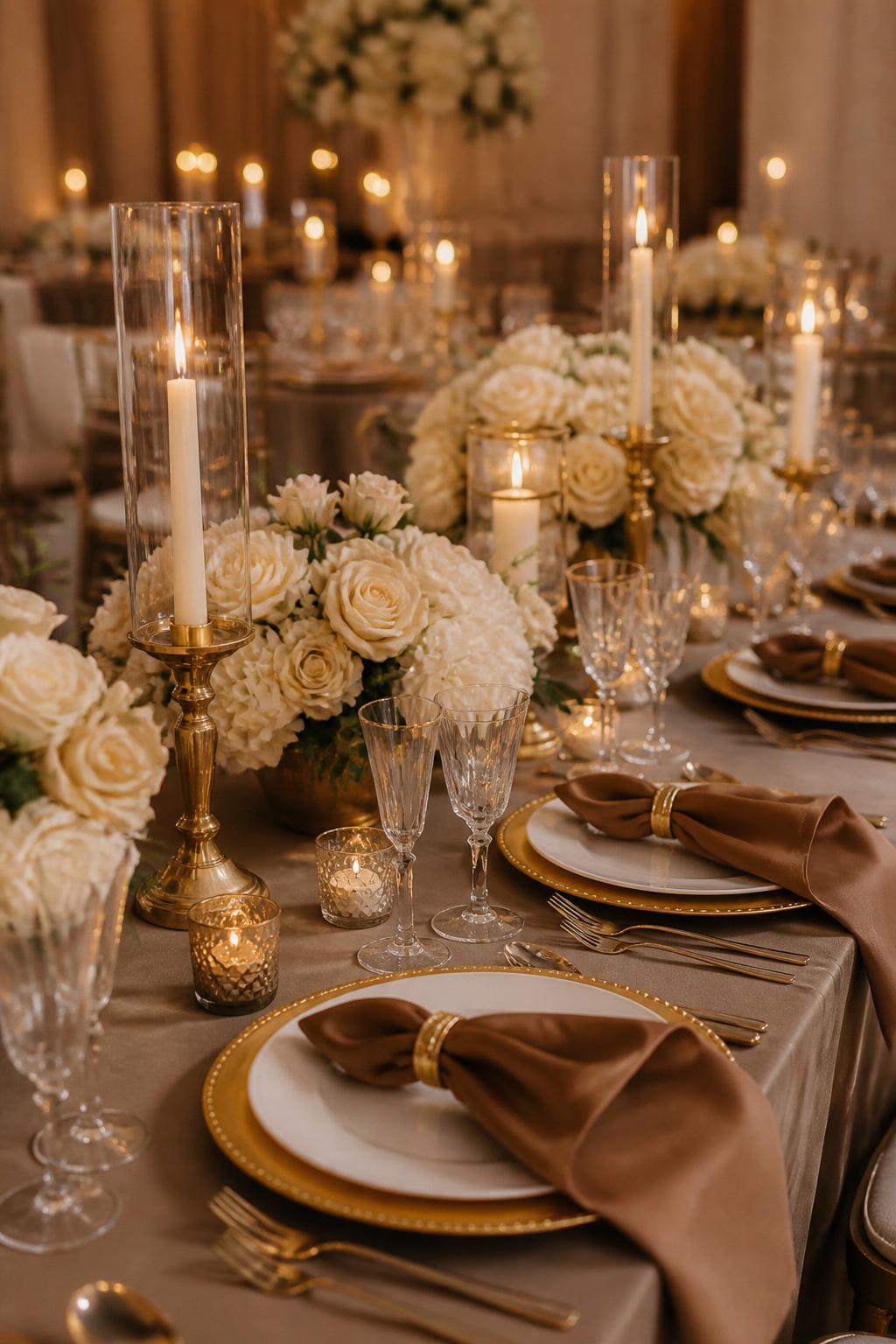 Image Prompt:
An elegant wedding reception table styled with coffee-toned linen napkins, gold chargers, gold candle holders, ivory flowers, white plates, crystal glasses, and warm candlelight. Formal indoor wedding setting with a cozy neutral palette, no visible faces, no text, no watermark, professional editorial wedding photography, (no watermarks on images)