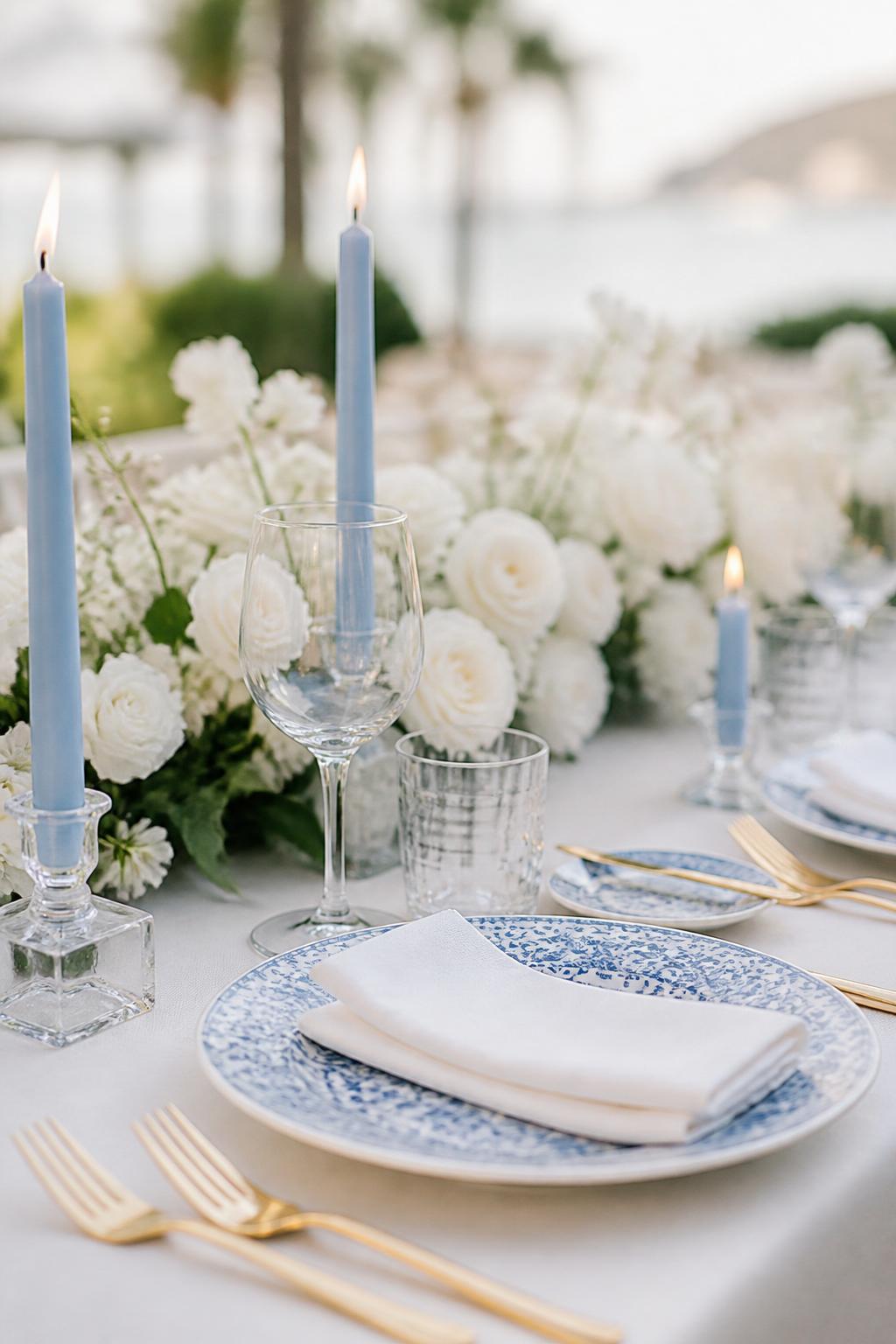 Image Prompt:
A close editorial wedding table photo focused on blue and white patterned plates, folded white linen napkins, gold flatware, clear glassware, soft white flowers, and pale blue taper candles. The table feels fresh, refined, and romantic in a garden or coastal reception setting. No visible faces, no text, no watermark, realistic professional wedding photography, (no watermarks on images)
