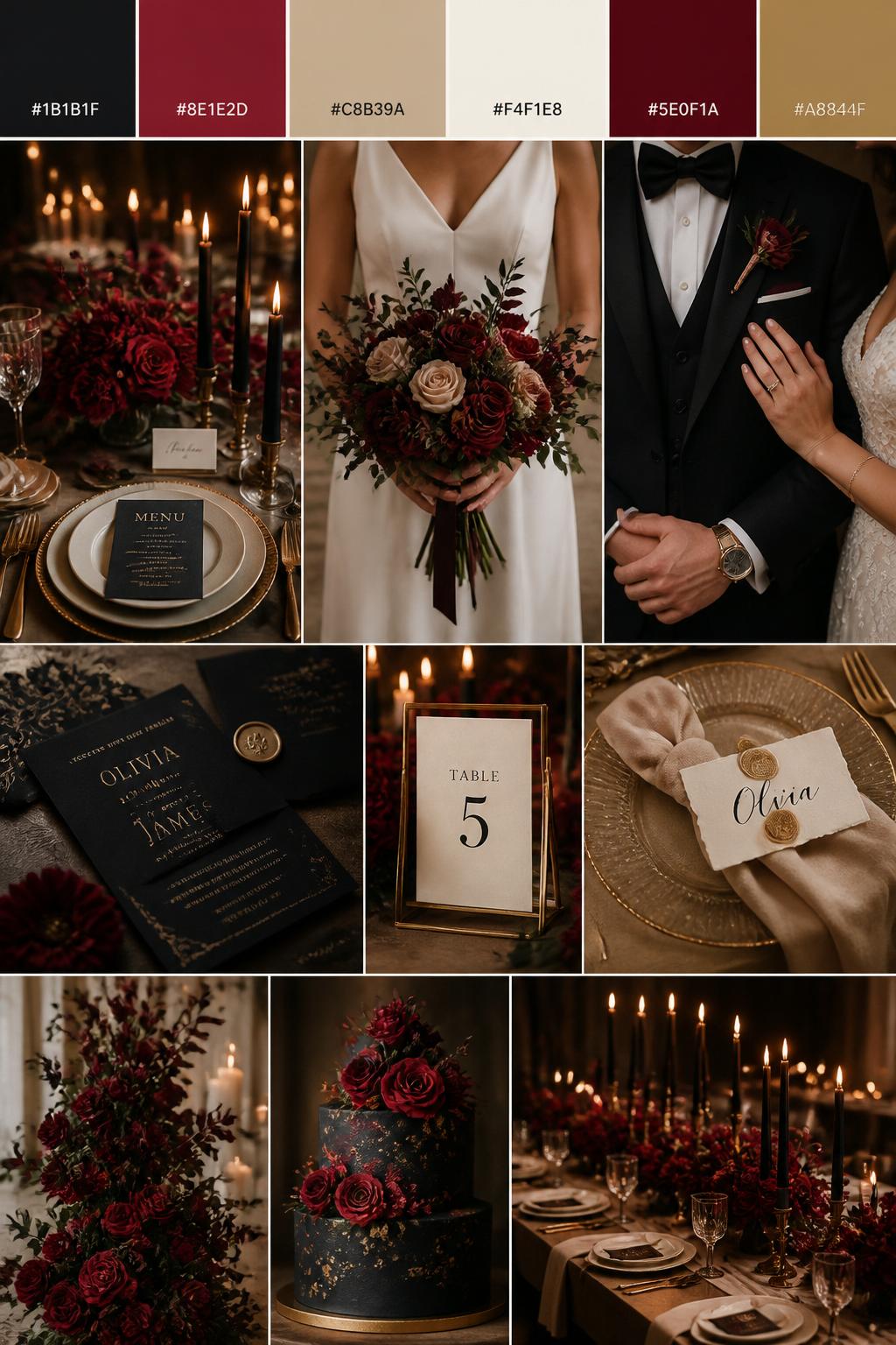 A realistic dark romantic wedding inspiration board with a top color strip showing hex codes in soft black, red rose, nude beige, ivory, deep wine, and antique gold. Below, create a polished collage with red rose arrangements, black taper candles, nude-toned linens, gold details, ivory place cards, black wedding stationery, a bouquet held at waist level with no face visible, and a bride and groom detail shot cropped below the chin. The mood should feel romantic, cute, bold, and elegant, with soft candlelight and realistic DSLR photography. 9:16 vertical format. No clear faces or distorted faces. (no watermarks on images)