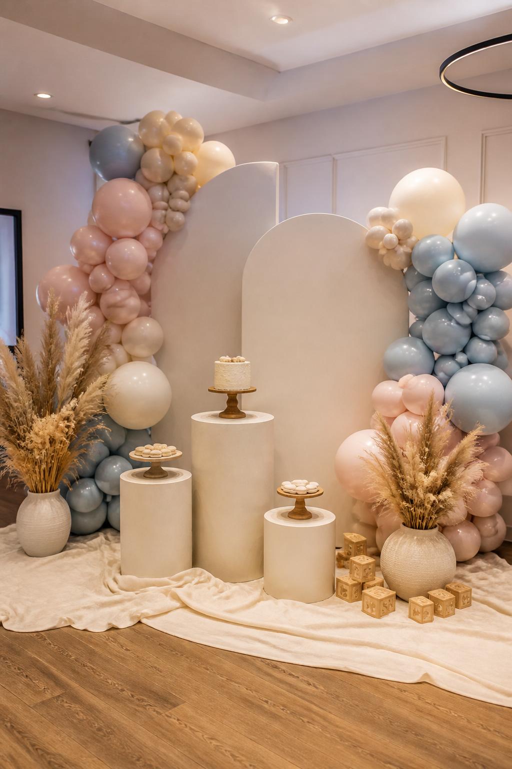 Image Prompt:
A single realistic photo of a modern neutral gender reveal backdrop with beige, ivory, taupe, soft blush, and muted blue balloons arranged around two curved matte backdrop panels, dried pampas grass in low ceramic vases, cream fabric draping across the floor, small wooden baby blocks beside the panels, minimalist dessert plinths in front, warm indoor lighting, elegant baby shower party styling, no people, no faces, natural shadows, realistic editorial photo, no text, no watermark.
