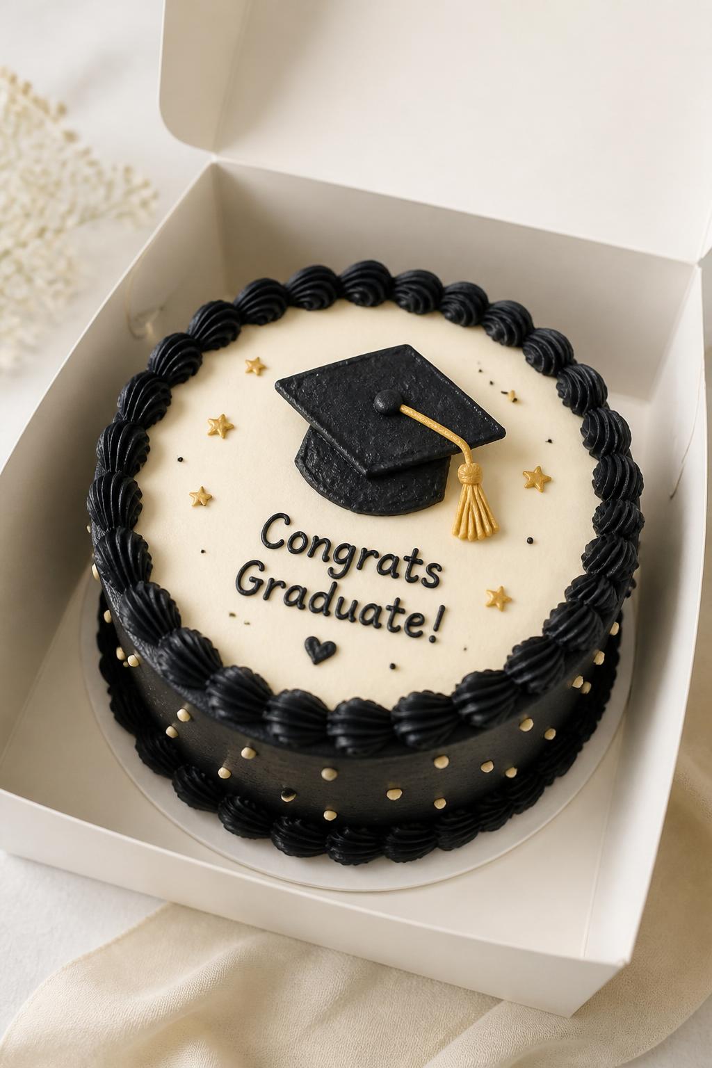 Image Prompt:
A cute graduation cap themed bento cake inside an open white cake box, smooth black and cream frosting, small buttercream graduation cap design in the center, neat piped border, short graduation message, modern celebratory styling, soft studio light, realistic close-up bakery photography, no people, no hands, no faces, (no watermarks on images)
