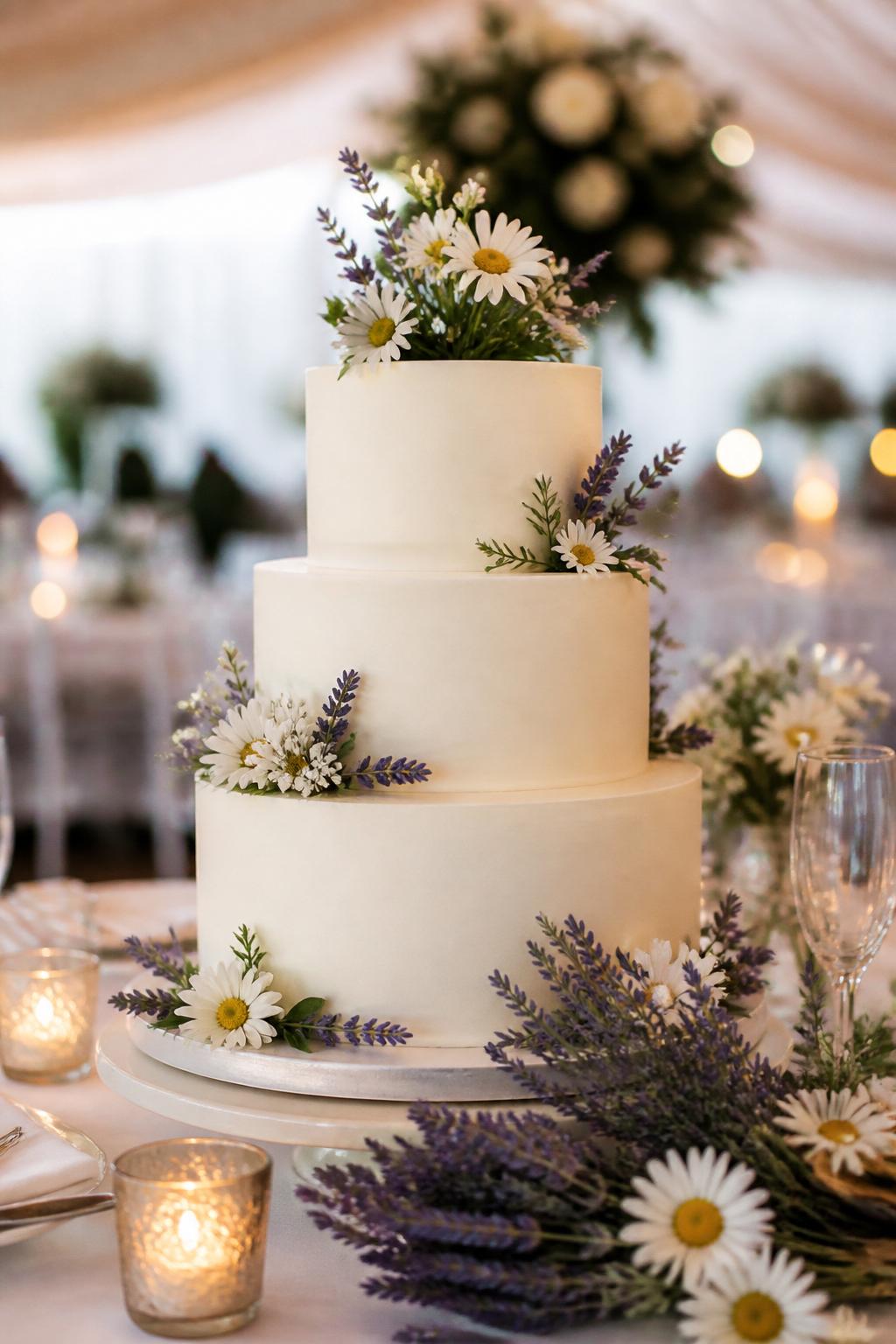 Image Prompt: Ultra-realistic wedding party photo of a daisy and lavender wedding cake with smooth white or pale cream tiers, fresh white daisies, lavender sprigs, and small greenery accents arranged elegantly around the cake. Style the cake on a reception cake table with candles, lavender and white floral decor, fine linens, glassware, and a softly blurred wedding venue backdrop. Keep the cake as the main focus. No visible faces. If guests appear, show only back views, side views in blur, cropped hands, or neck-down figures. Realistic lavender texture, fresh daisy petals, romantic DSLR wedding photography. (no watermarks on images)