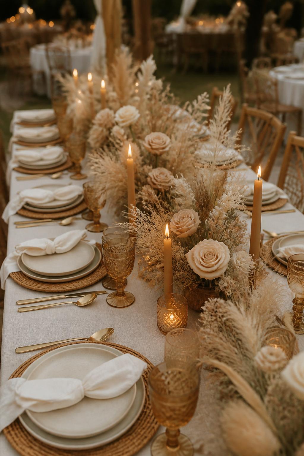 Image Prompt:
A stylish boho wedding table photo showing a long rectangle table with neutral linen, dried flowers, pampas grass, beige roses, rattan chargers, cream napkins, matte ceramic plates, amber glassware, and soft candlelight. The setting is a warm outdoor or tented reception, no visible faces, no text, no watermark, realistic editorial DSLR photo.