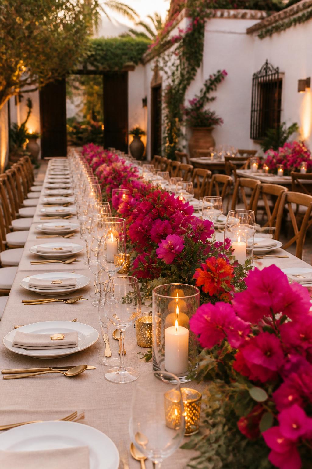 Image Prompt:
A beautiful modern Mexican wedding table photo showing a long reception table with a bold bougainvillea floral runner in bright pink and magenta tones, mixed with greenery, white plates, gold flatware, clear glassware, neutral linen, and soft candles. The setting is an outdoor courtyard reception with white stucco walls and warm evening light, no visible faces, no text, no watermark, high-quality editorial wedding photography.