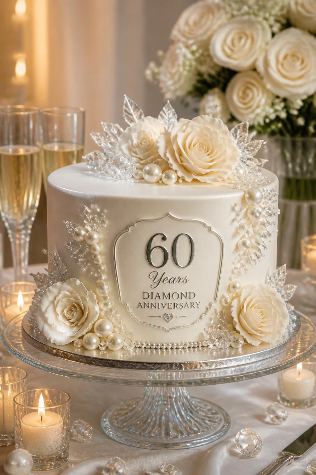 Image Prompt: A refined diamond anniversary cake with smooth ivory fondant, edible pearl clusters, clear sugar crystal accents, silver leaf details, and cream sugar flowers. Place it on a glass cake stand with candles, champagne glasses, white roses, and soft glowing light. Make it look elegant, sparkling, and realistic, no people, no faces, no watermark. (no watermarks on images)