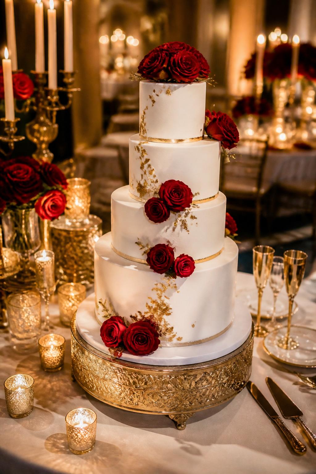 Image Prompt: Ultra-realistic wedding reception image of a white and gold wedding cake with smooth white tiers, delicate edible gold leaf accents or thin gold trim, and fresh red roses arranged beautifully around the cake. Place the cake on a luxury wedding cake table with candles, gold decor, red floral centerpieces, champagne glasses, fine linens, and a softly blurred elegant reception scene. Keep the cake as the hero of the photo. No visible faces. If people appear, show only cropped hands, side views, back views, or figures from the neck down. Realistic gold shine, fresh red rose petals, smooth icing texture, DSLR wedding editorial style. (no watermarks on images)