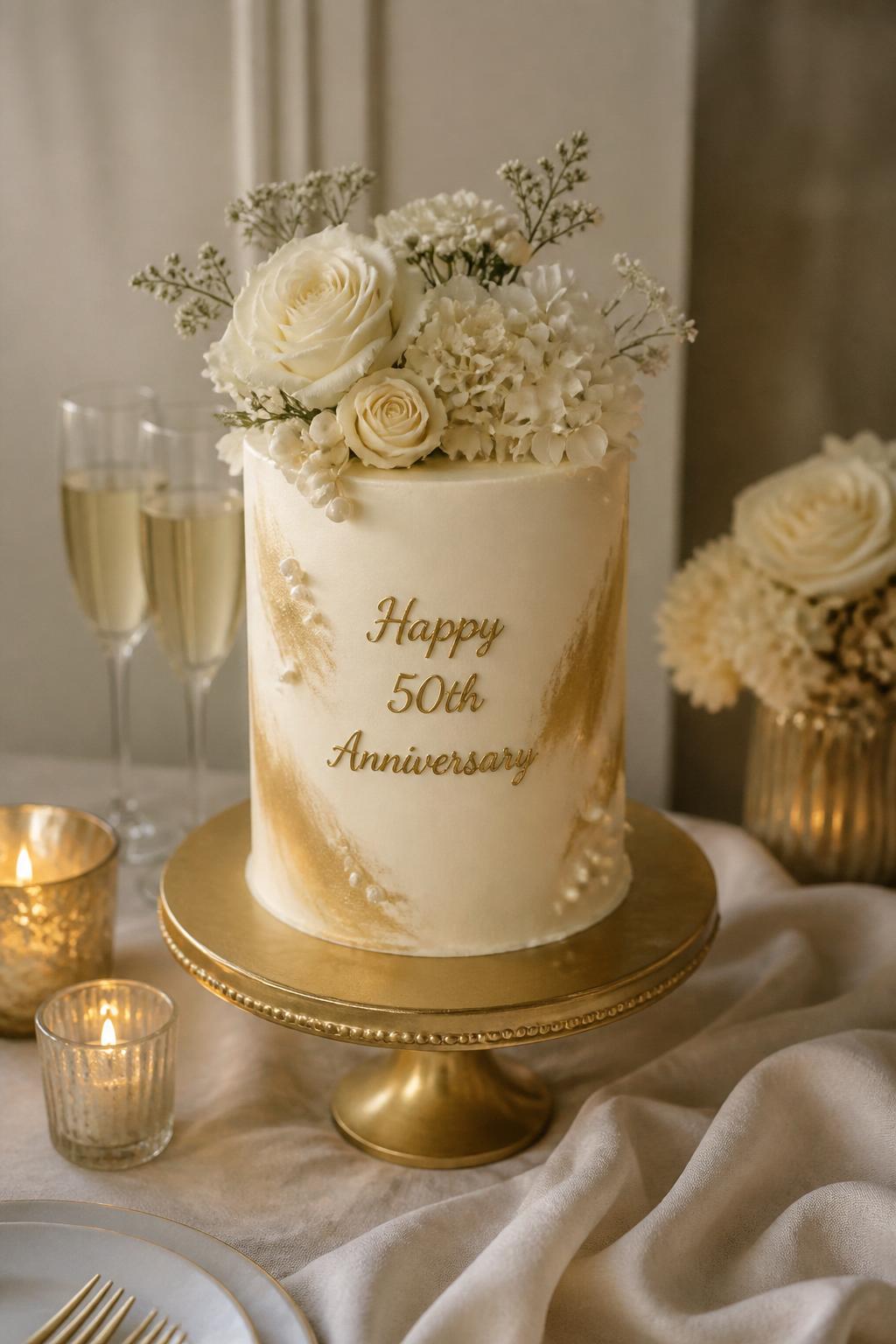 Image Prompt: A tall single-tier golden wedding anniversary cake with smooth ivory buttercream, gold brush strokes, pearl accents, and a cluster of cream and white flowers on top. Place it on a gold cake stand with candles, champagne glasses, and soft linen around it. Make it look intimate, stylish, and realistic, no people, no faces, no watermark. (no watermarks on images)