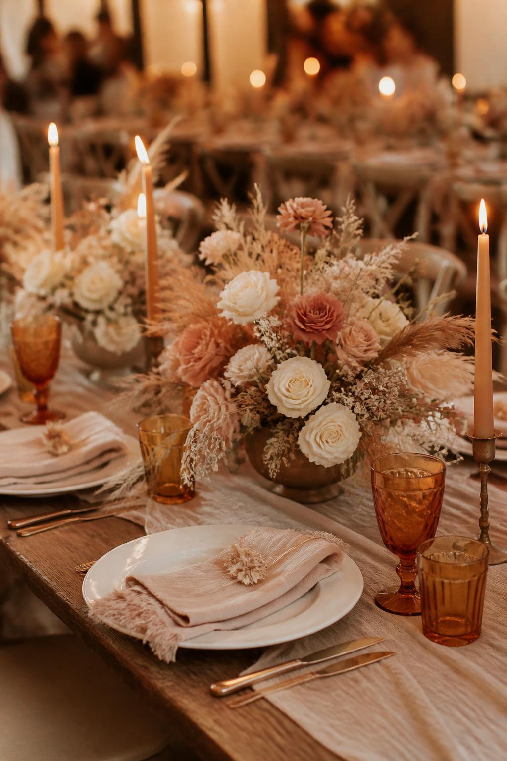 Image Prompt:
An elegant editorial wedding table image showing low boho floral centerpieces in soft beige, ivory, blush, and muted terracotta tones, paired with amber glassware, linen napkins, white plates, and taper candles. Warm romantic reception setting, no visible faces, no text, no watermark, realistic wedding photography, (no watermarks on images)