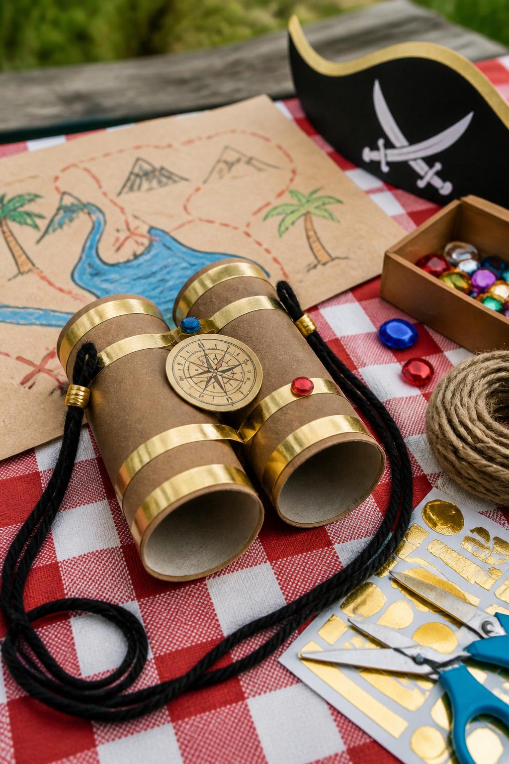 Detailed Image Prompt:
A playful pirate summer craft photo showing handmade treasure hunt binoculars made from two cardboard tubes, wrapped in brown paper with gold bands, yarn straps, compass stickers, and small gem accents, arranged on a picnic table with a paper map and craft supplies nearby, outdoor adventure style, no people, no faces, no readable text, no watermark on images.