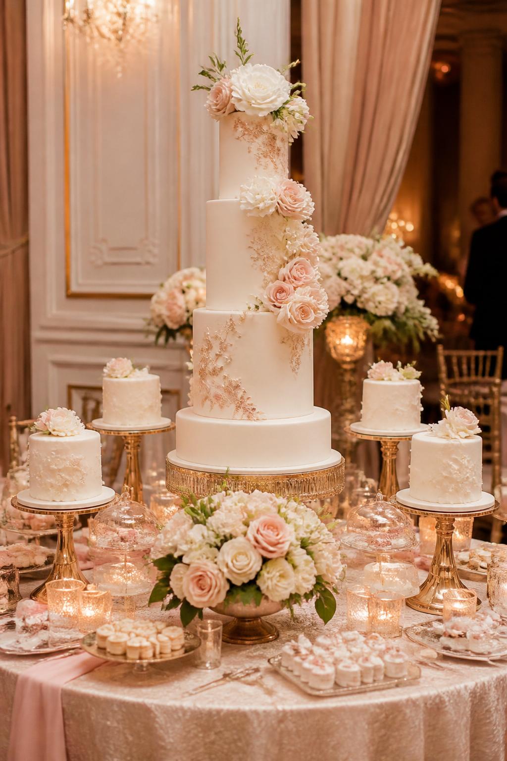 Image Prompt: Ultra-realistic wedding reception image featuring an extravagant grand dessert table display with one large statement wedding cake surrounded by several smaller matching cakes and elegant desserts. Keep the main cake luxurious and wedding-ready, with coordinated styling across the full display. Place everything on a beautifully styled reception dessert table with candles, floral arrangements, fine linens, glassware, and a real wedding venue backdrop. No visible faces. If people appear, show only cropped hands, back views, side views in blur, or neck-down figures. Realistic cake textures, cohesive styling, soft romantic lighting, DSLR editorial wedding photography. (no watermarks on images)