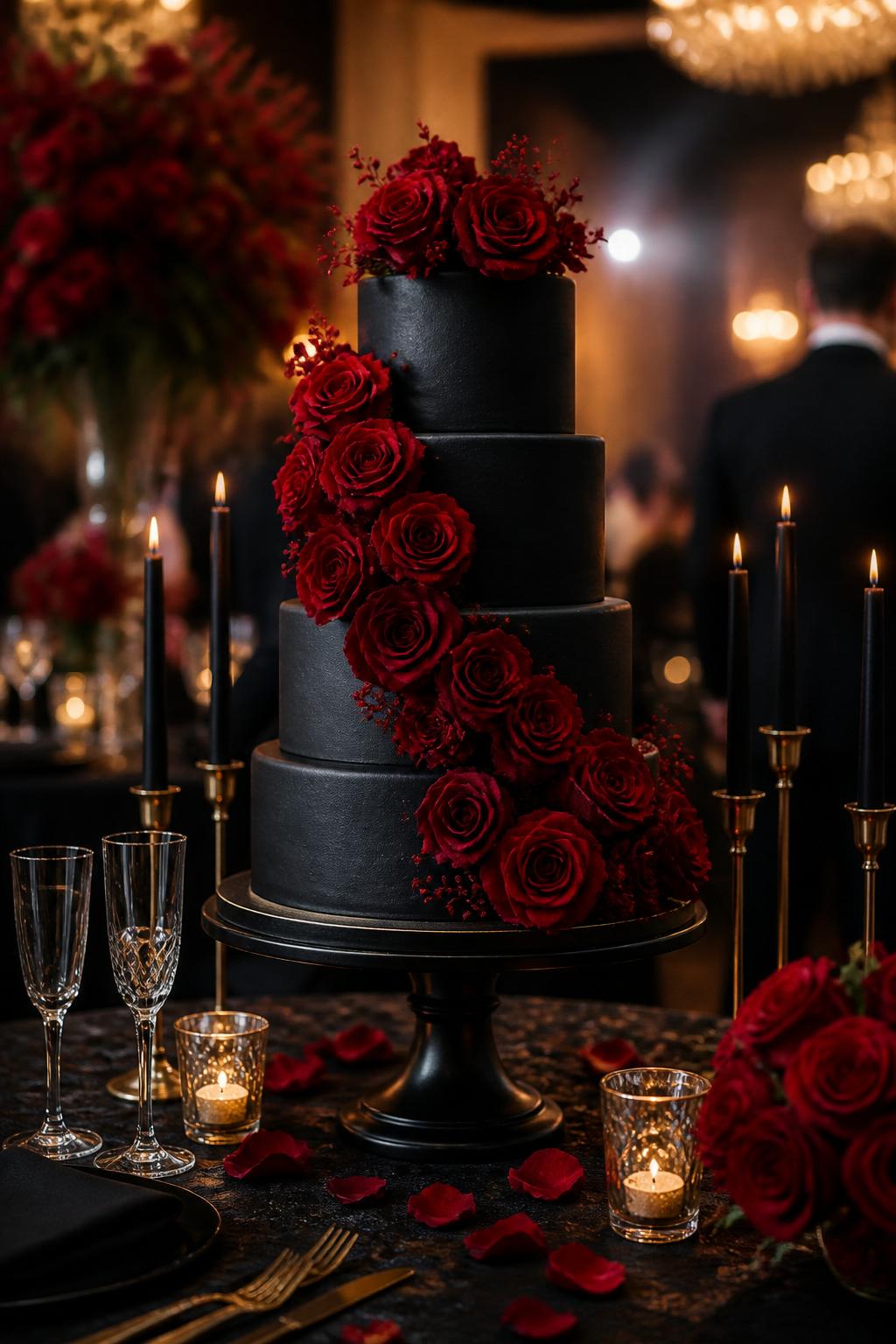 Image Prompt: Ultra-realistic wedding party photo of a dramatic black wedding cake with smooth black tiers, fresh deep red roses, and a refined romantic finish. Add subtle gold or pearl details if needed for balance. Style the cake on an elegant wedding cake table with black taper candles, deep floral decor, fine linens, crystal glassware, and a softly blurred formal wedding venue backdrop. Keep the cake as the main focus. No visible faces. If guests appear, show only back views, side views in blur, cropped hands, or neck-down figures. Realistic black fondant texture, red rose petals, moody romantic DSLR wedding photography. (no watermarks on images)