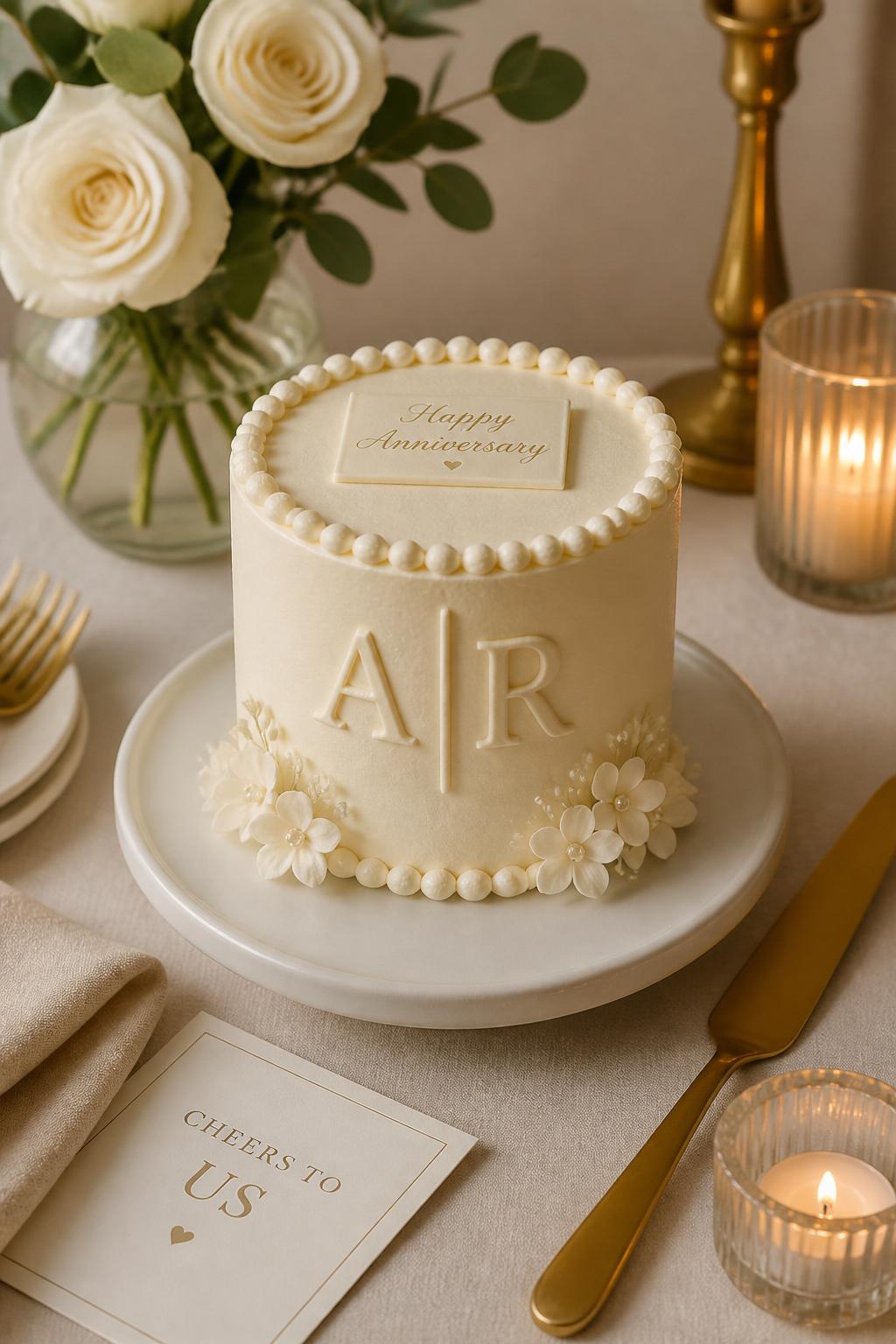 Image Prompt: A small anniversary mini cake with smooth ivory buttercream, a raised monogram of the couple’s initials, pearl borders, and tiny cream flowers at the base. Place it on a clean dessert table with candles, gold cutlery, and soft neutral linen. Make it personal, elegant, and realistic, no people, no faces, no watermark. (no watermarks on images)