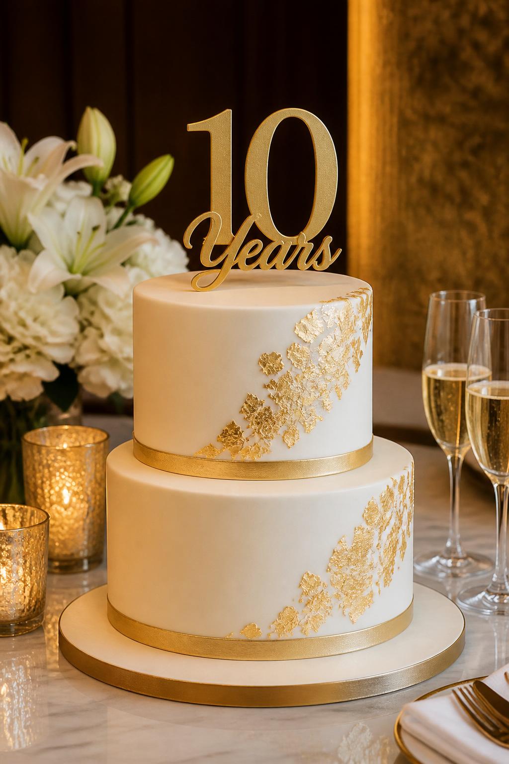 Image Prompt: A luxury company anniversary cake with smooth ivory fondant, edible gold leaf accents, thin gold bands, and a bold but tasteful milestone topper such as “10 Years” or “25 Years.” Style it on a refined corporate event table with gold candle holders, champagne glasses, white flowers, and warm indoor lighting. Make it elegant, celebratory, and realistic, no people, no faces, no text overlay, no watermark. (no watermarks on images)