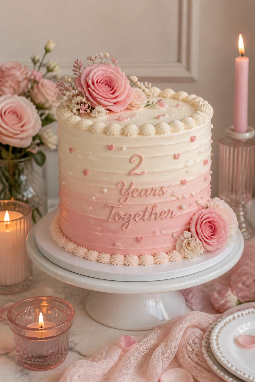 Image Prompt: A blush ombre 2 year anniversary cake with buttercream fading from ivory to pale pink, tiny heart sprinkles, soft floral accents, pearl dots, and delicate piped borders. Place it on a white cake stand with blush roses, candles, and romantic linen decor. Make it sweet, soft, and realistic, no people, no faces, no watermark. (no watermarks on images)