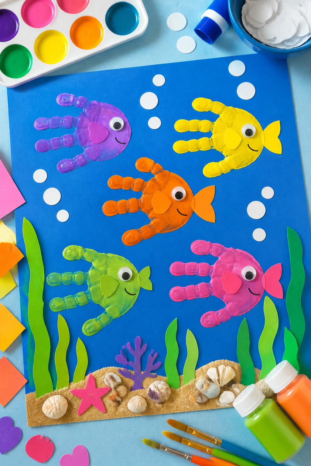Detailed Image Prompt:
A colorful ocean-themed kids’ craft photo showing handprint fish art on blue cardstock, several painted handprints turned sideways into fish with googly eyes and paper fins, green paper seaweed, white paper bubbles, washable paint and craft supplies nearby, bright under-the-sea summer style, no people, no real hands, no faces, no readable text, no watermark on images.