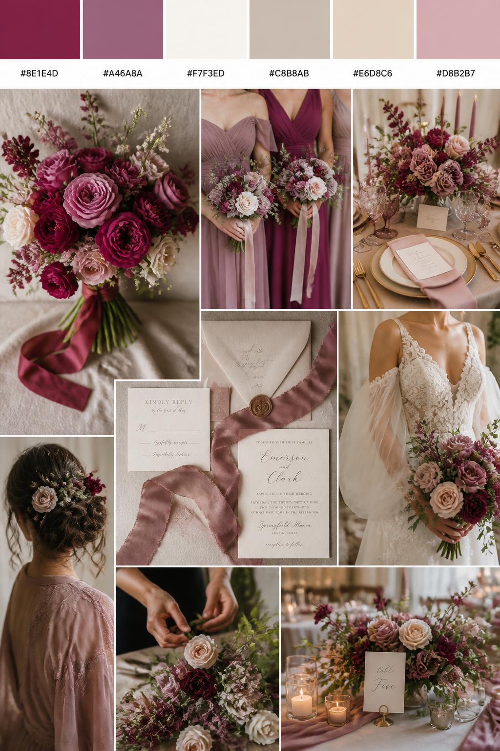 Image Prompt:
A realistic wedding inspiration mood board with a top strip of swatches and hex codes in raspberry, mauve, ivory, soft taupe, warm beige, and muted blush. Below, create a polished collage with raspberry and mauve bouquets, ribbon-wrapped stems, bridesmaid dress details cropped below the neck, elegant table settings, silk ribbon stationery, a cropped dress shot from below the chin, hands arranging flowers, and softly lit no-people floral styling. Use a mix of no-people flat lays, bouquet close-ups, back-view styling, and side-angle detail photos with no visible full faces. The mood should feel rich, feminine, and romantic with realistic DSLR photo quality. 9:16 vertical format. (no watermarks on images)