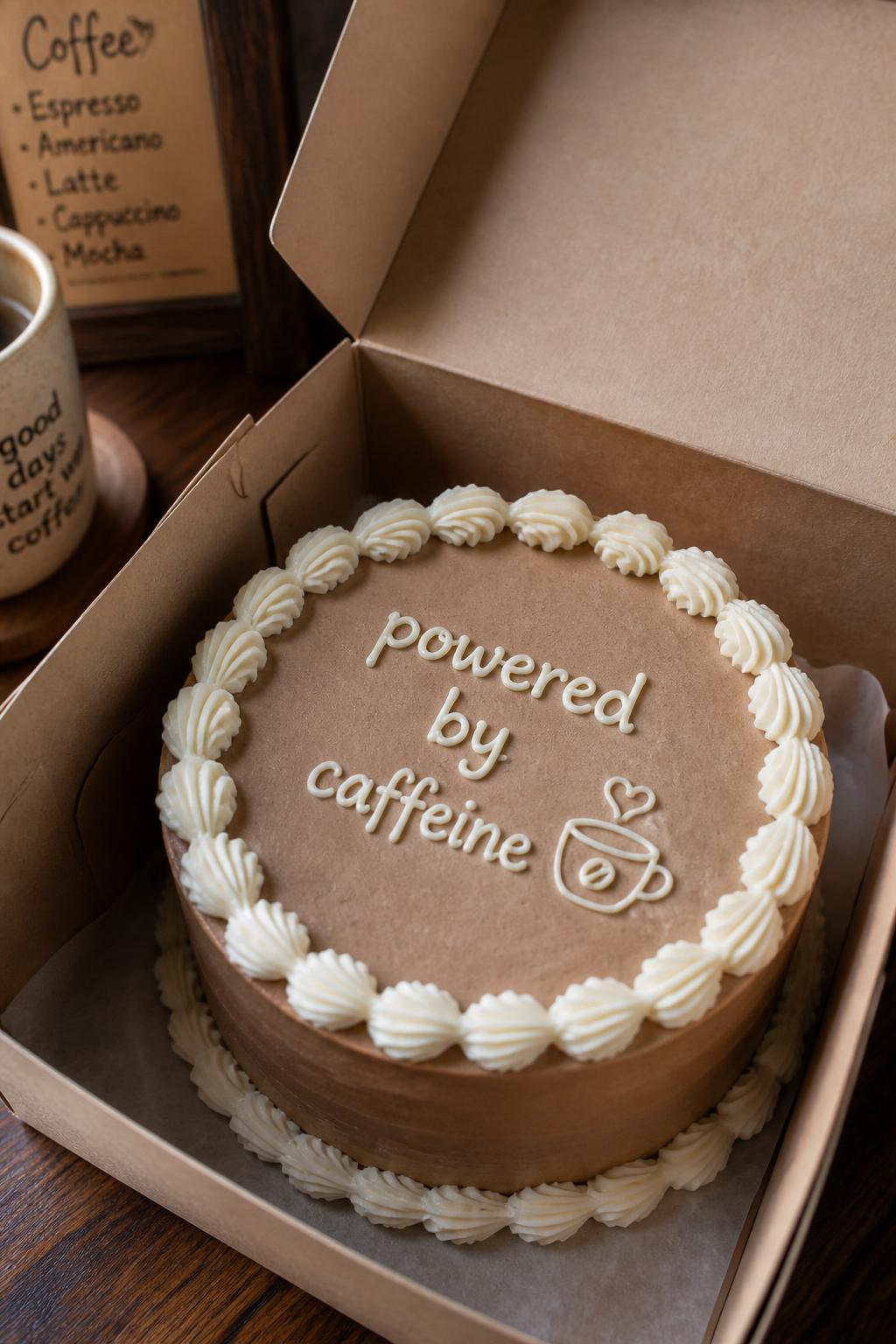 Image Prompt:
A funny coffee themed bento cake inside an open kraft cake box, smooth mocha brown frosting, cream piped border, handwritten icing text reading “powered by caffeine,” tiny coffee cup doodle with heart steam, cozy cafe-inspired styling, warm natural light, realistic close-up bakery photography, no people, no hands, no faces, no watermarks on images