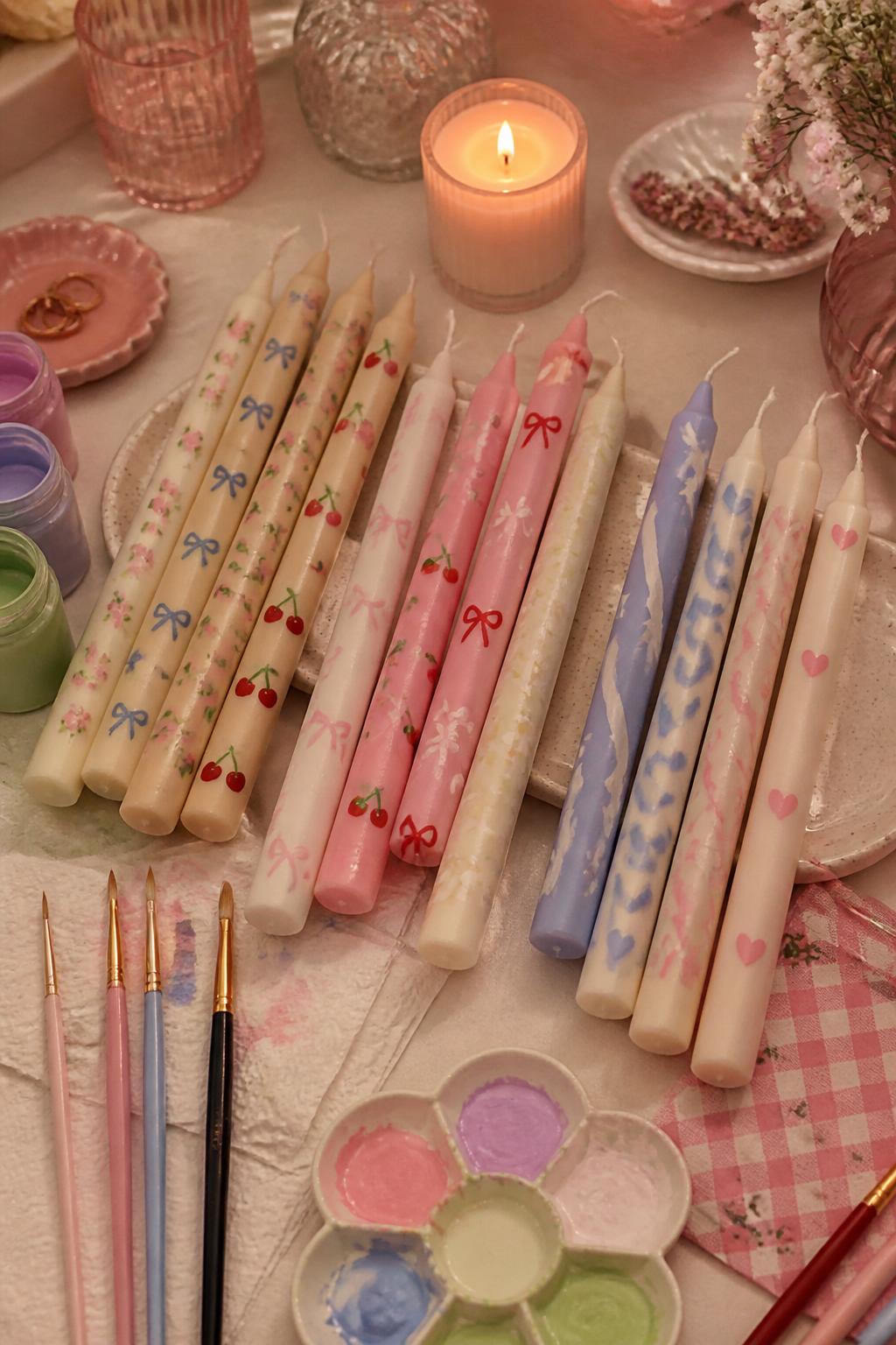 Detailed Image Prompt:
A stylish girls’ night craft photo showing hand-painted taper candles on a craft table, cream and pastel candles decorated with tiny flowers, cherries, bows, hearts, stars, and soft swirl patterns, paintbrushes, candle paint, napkins, and small trays nearby, cozy feminine craft night styling, no people, no faces, no readable text, no watermark on images.