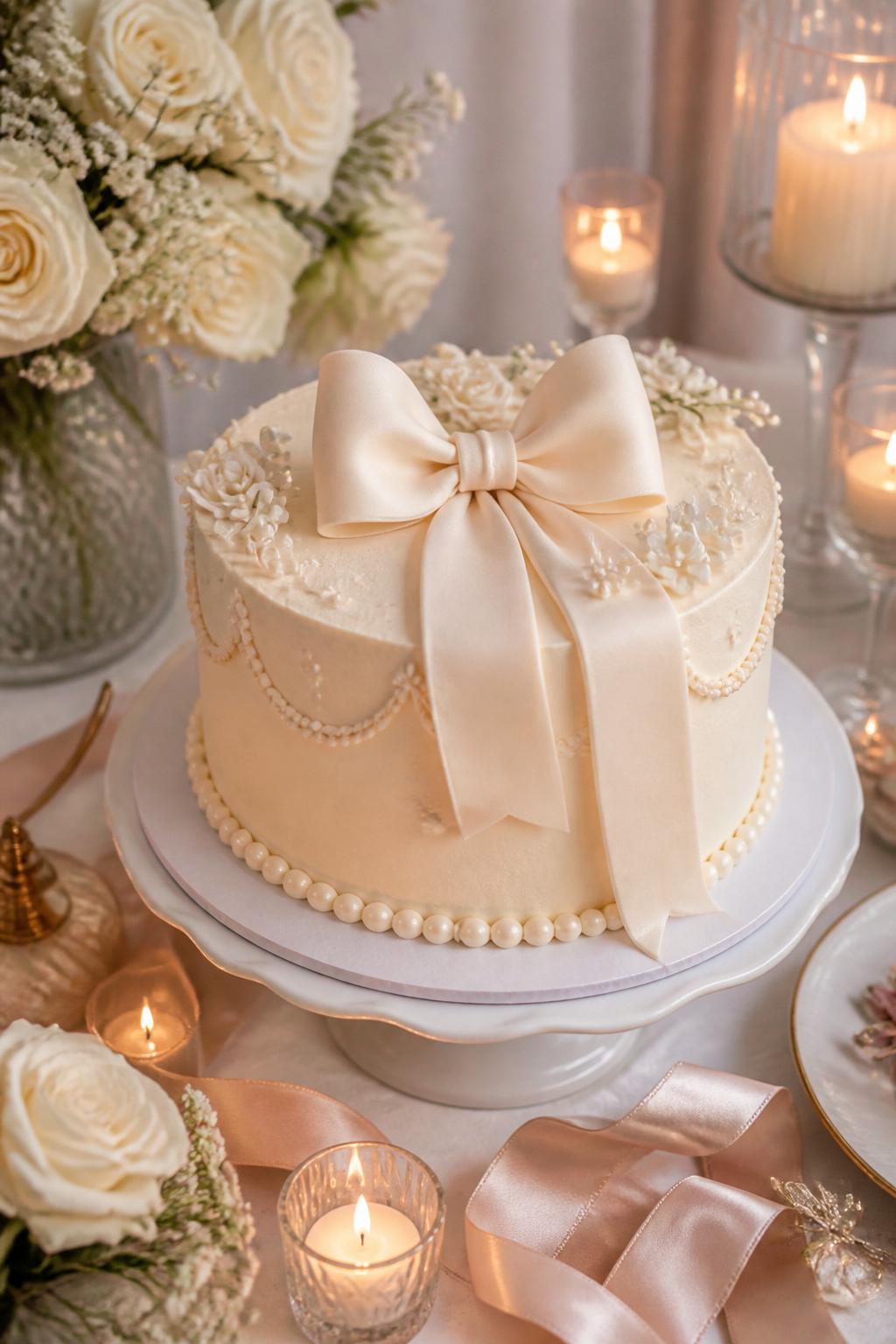Image Prompt: A sweet anniversary cake for parents with smooth champagne buttercream, a soft fondant bow, pearl accents, and delicate piped borders. Style it on a pretty dessert table with satin ribbon, candles, white roses, and warm soft lighting. Make it look feminine, elegant, and realistic, no people, no faces, no text overlay, no watermark. (no watermarks on images)