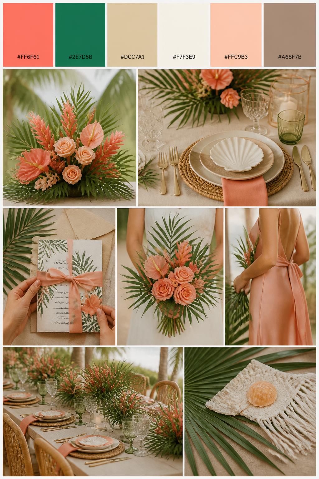 A realistic tropical wedding color palette mood board in a Pinterest-style collage layout. Add a top row of clean color swatches with small hex codes in coral, palm green, sand beige, ivory, soft peach, and warm taupe. Below the swatches, create a polished collage of tropical wedding details: coral florals, palm leaves, beige table linens, shell-inspired place settings, tropical stationery tied with ribbon, a bouquet held at waist level with no face visible, a bridesmaid dress detail cropped from the neck down, and a no-people reception table with tropical centerpieces. Use side views, back views, cropped detail shots, hands-only styling, and no-people scenes to avoid showing faces. Soft natural light, DSLR-style realism, 9:16 vertical format. No extra text except small hex codes on the palette strip. (no watermarks on images)