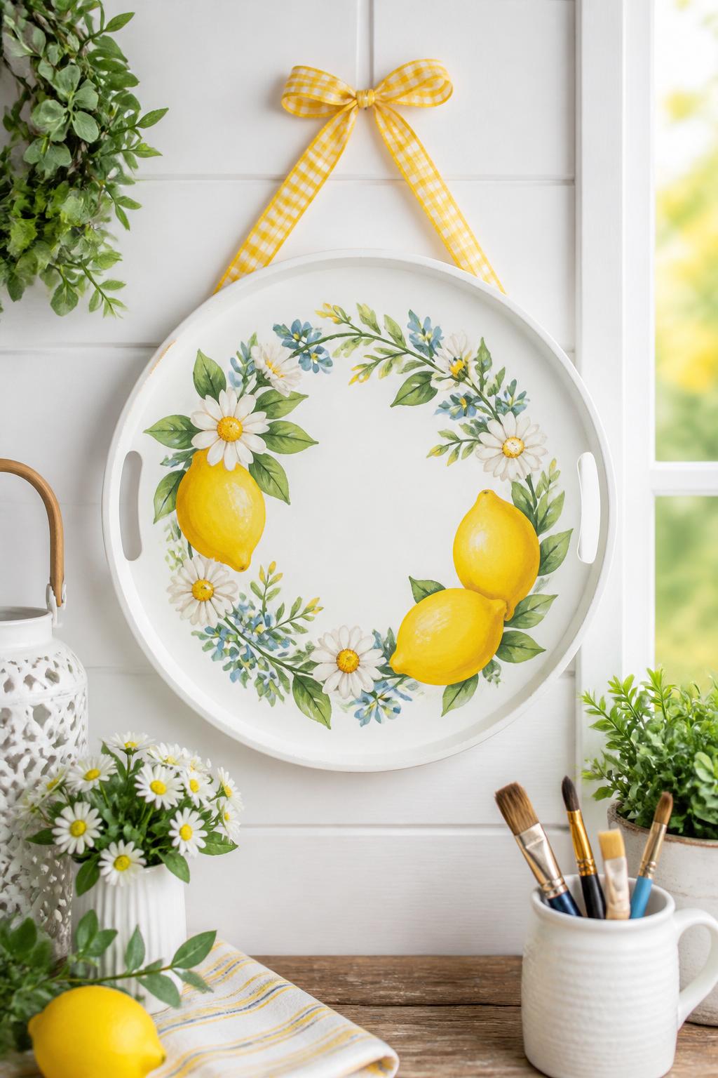 Detailed Image Prompt:
A stylish budget craft photo showing a Dollar Tree plastic serving tray turned into a summer wall sign, round tray painted soft white with painted lemons, flowers, and a ribbon hanger, styled on a kitchen wall beside simple summer decor, paintbrushes and faux greenery nearby on a table, bright clean farmhouse summer look, no people, no faces, no readable text, no watermark on images.