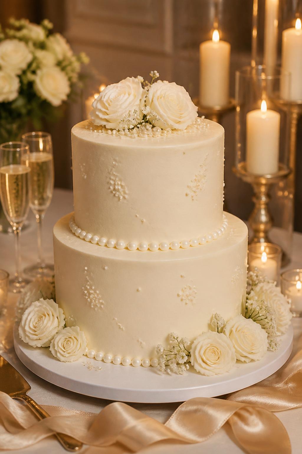 Image Prompt: A beautiful wedding anniversary cake with smooth ivory buttercream, delicate pearl borders, tiny edible pearl clusters, and soft white roses placed around the base. Style it on an elegant dessert table with candles, champagne glasses, silk ribbon, and warm romantic indoor lighting. Make it look refined, timeless, and realistic, with editorial food photography, no people, no faces, no text overlay, no watermark. (no watermarks on images)