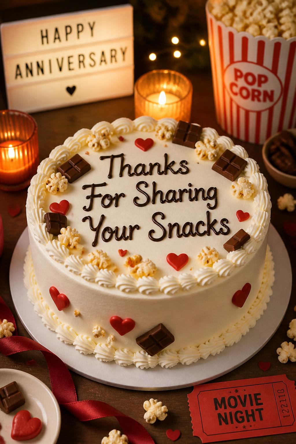 Image Prompt: A funny anniversary cake with smooth white buttercream, playful lettering that says “Thanks For Sharing Your Snacks,” tiny edible popcorn, chocolate pieces, hearts, and soft piped borders. Style it on a casual date-night dessert table with candles, movie snacks, ribbons, and warm lighting. Make it cute, lighthearted, and realistic, no people, no faces, no watermark. (no watermarks on images)