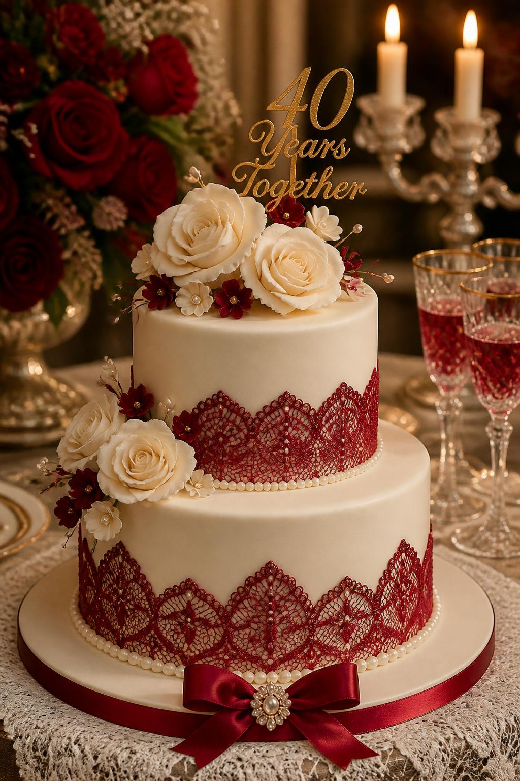 Image Prompt: A graceful ruby wedding anniversary cake with smooth ivory fondant, delicate ruby red edible lace details, pearl accents, cream sugar roses, and a small gold anniversary topper. Style it on a classic dessert table with lace linen, crystal glasses, candles, and red floral decor. Make it elegant, romantic, and realistic, no people, no faces, no watermark. (no watermarks on images)
