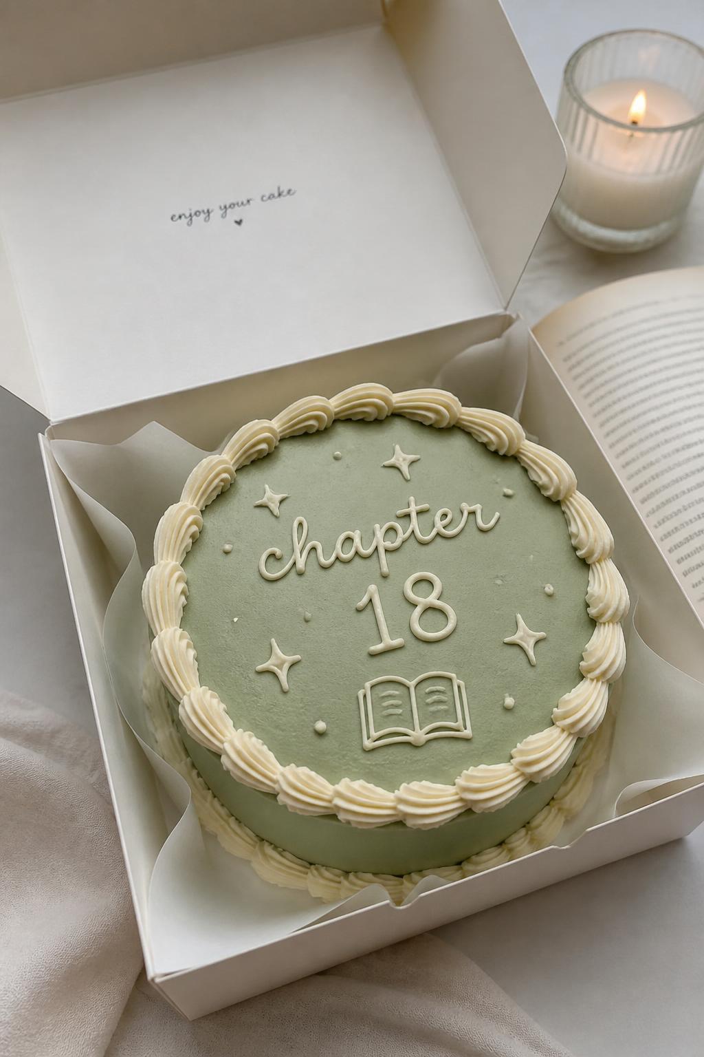 Image Prompt:
A creative 18th birthday bento cake inside an open white bento cake box, smooth sage green frosting, neat cream piped border, handwritten icing text reading “chapter 18,” tiny book and star doodles, calm modern styling, realistic editorial bakery photography, no people, no hands, no faces, no watermarks on images
