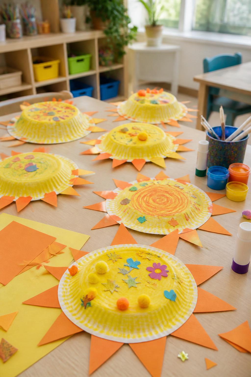 Detailed Image Prompt:
A bright editorial-style daycare craft photo showing paper plate sun hats made by little kids, paper plates decorated with yellow paint, orange paper rays, stickers, pom-poms, and simple crayon patterns, arranged on a clean preschool craft table with glue sticks, paint pots, and paper scraps nearby, cheerful summer daycare setting, soft natural daylight, no children, no faces, no readable text, no watermark on images.