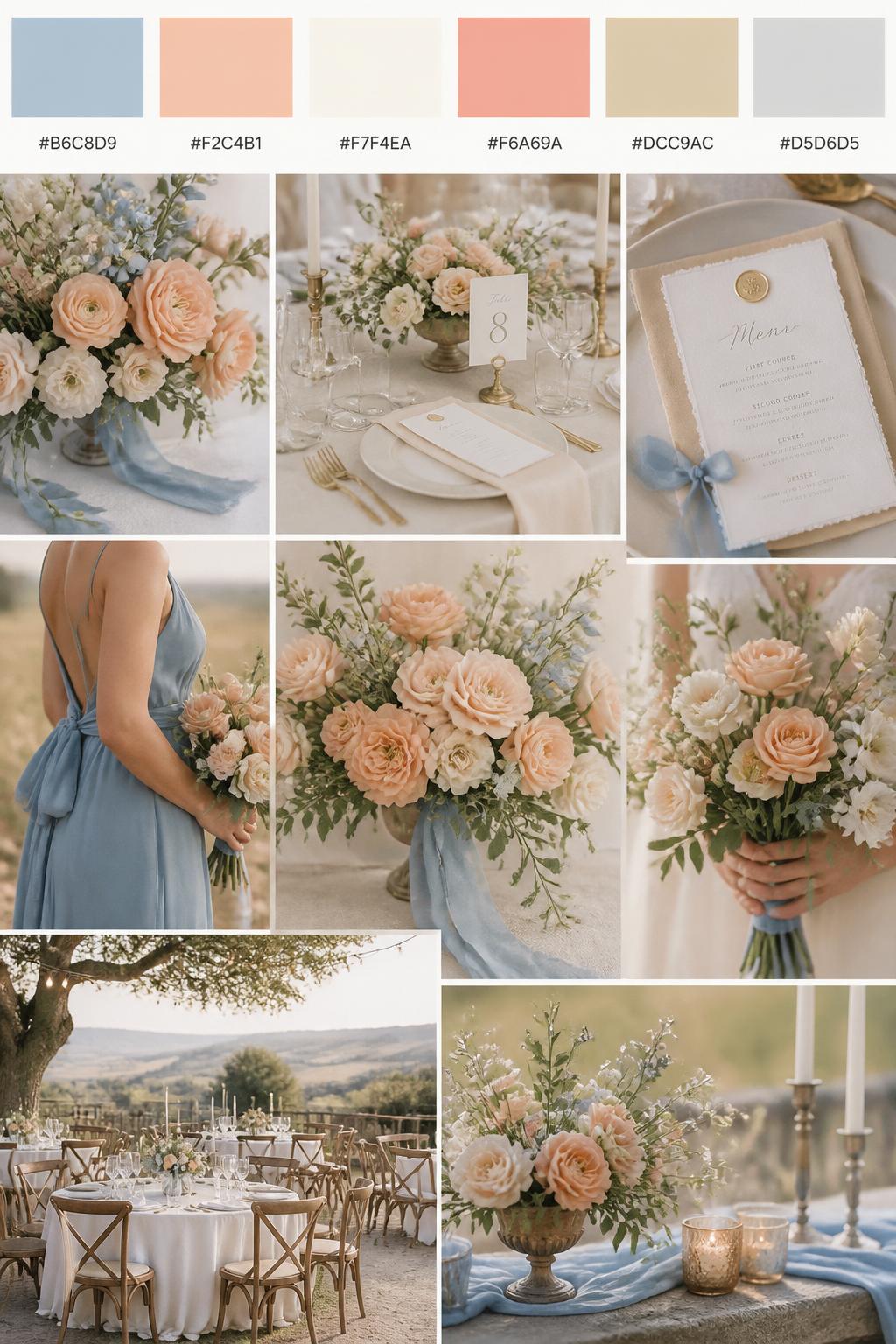 A realistic wedding mood board in a Pinterest-style collage layout. Add a top strip of swatches with small hex codes in soft blue, peach, ivory, pale coral, warm sand, and soft gray. Below, create a romantic collage with peach flowers, soft blue ribbon, ivory table decor, menu cards, bouquet close-ups, a side-view body detail of a bridesmaid dress with no face shown, hands holding flowers, and no-people reception styling under soft countryside light. Avoid clear faces completely by using cropped, turned-away, or detail-only compositions. DSLR-style realism, 9:16 vertical format. (no watermarks on images)