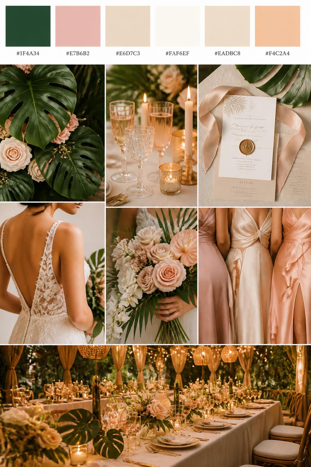 Image Prompt:
A realistic tropical wedding color palette mood board with a top strip of swatches and small hex codes in monstera green, blush pink, champagne, ivory, warm beige, and soft peach. Below, show a cohesive collage of monstera leaves, blush roses, champagne glassware, ivory candles, stationery with silk ribbon, a back-view bridal detail, cropped bridesmaid dress fabric shots, hands-only bouquet styling, and a romantic reception table under warm glowing light. Keep faces out of frame using side angles, back views, close-up crops, and no-people scenes. The overall mood should feel lush, soft, elegant, and tropical with realistic DSLR photo quality. 9:16 vertical format. (no watermarks on images)