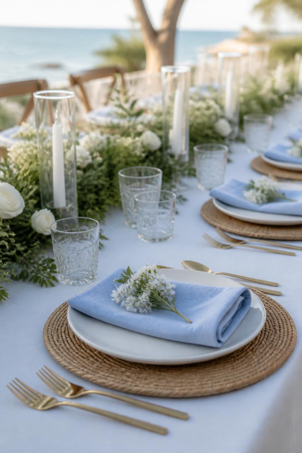 Image Prompt:
A close editorial wedding table photo focused on coastal place settings with rattan chargers, white plates, folded linen napkins in soft blue or ivory, clear glasses, gold flatware, and small white floral sprigs. Outdoor seaside reception setting, no visible faces, no text, no watermark, realistic professional wedding photography, (no watermarks on images)