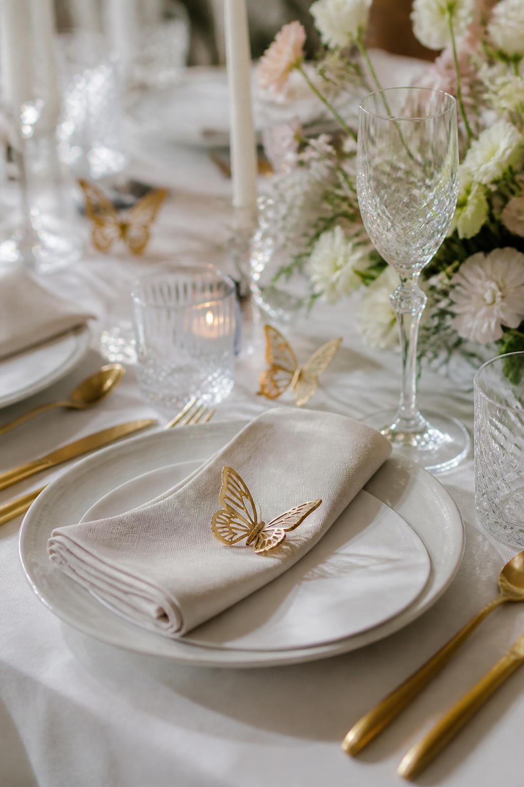 Image Prompt:
A close editorial wedding table photo showing delicate butterfly-inspired place setting details, such as small gold butterfly accents beside folded linen napkins, white plates, crystal glasses, soft floral sprigs, and candlelight. Elegant whimsical wedding reception setting, no visible faces, no readable text, no watermark, realistic professional photography, (no watermarks on images)