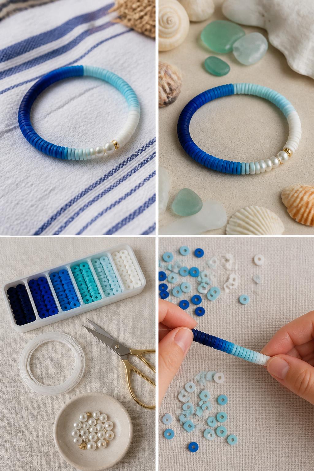 Detailed Image Prompt:
A realistic editorial 2x2 collage grid showing a coastal blue ombre clay bead bracelet, top-left finished bracelet with navy, ocean blue, turquoise, aqua, pale blue, and white clay beads on a striped towel, top-right bracelet beside shells and sea glass on a beach-inspired surface, bottom-left flat lay of blue ombre clay beads, elastic cord, scissors, pearl beads, and bead tray, bottom-right cropped hands arranging beads from dark to light, clean coastal summer craft styling, no faces, no text, no watermark on images.