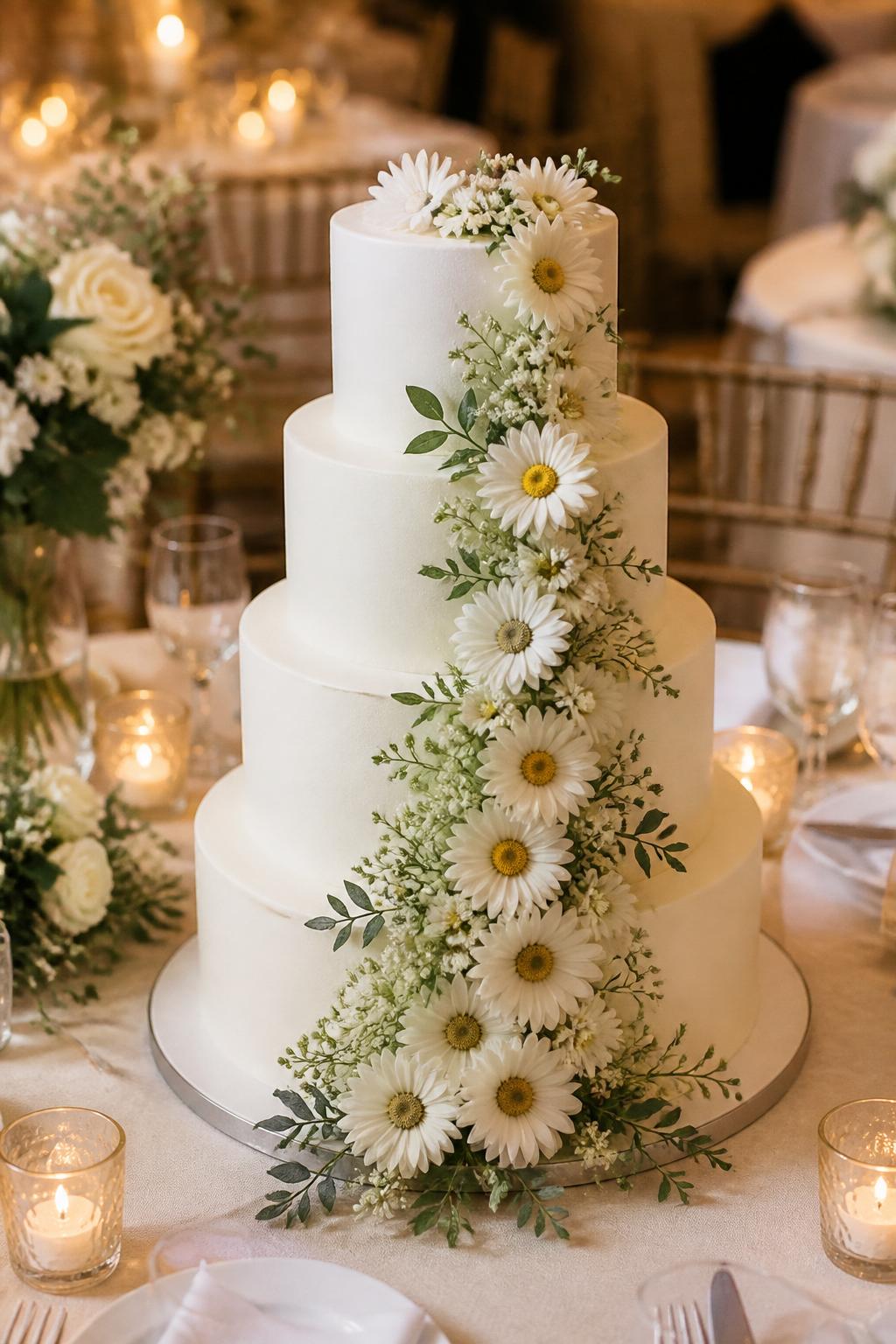 Image Prompt: Ultra-realistic wedding reception image of a daisy wedding cake with a graceful floral cascade flowing from the top tier to the base. Use fresh white daisies with yellow centers, tiny white flowers, delicate greenery, and smooth ivory or white icing. Place the cake on an elegant wedding cake table with candles, floral centerpieces, fine linens, glassware, and a softly blurred reception scene. Keep the cake as the hero of the photo. No visible faces. If people appear, show only side views in blur, back views, cropped hands, or figures from the neck down. Realistic daisy petals, detailed icing, soft wedding lighting, DSLR editorial style. (no watermarks on images)