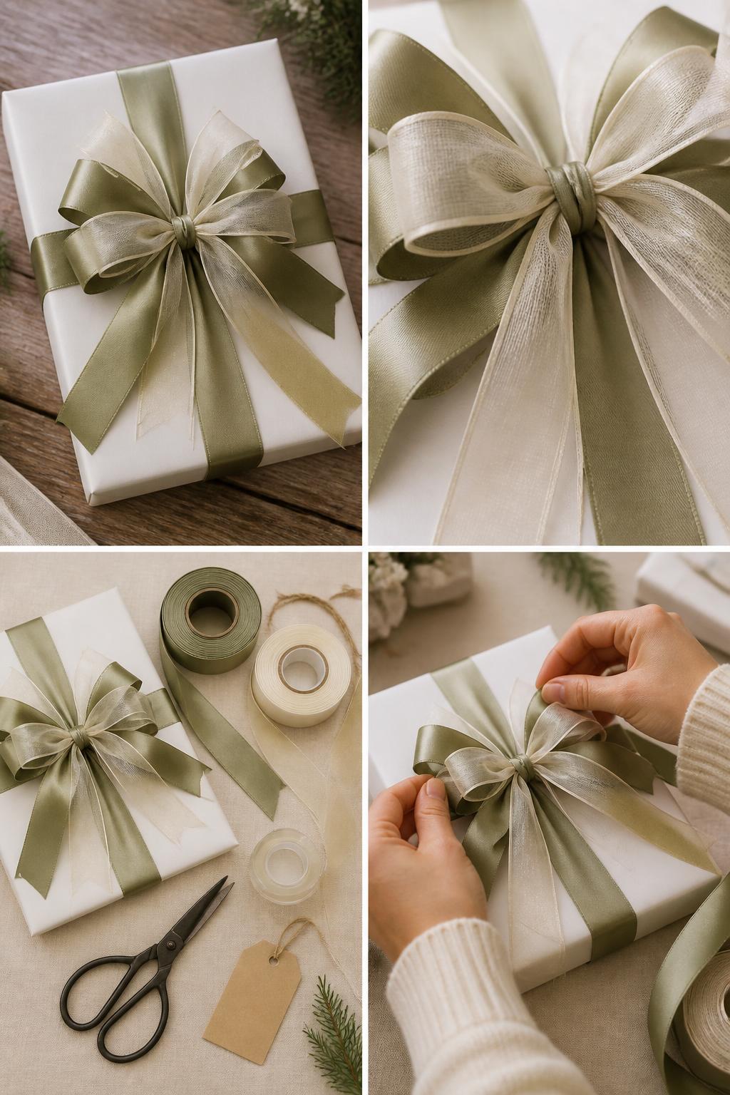 Detailed Image Prompt:
A realistic editorial 2x2 collage grid showing a layered ribbon bow gift wrap technique, top-left finished gift wrapped in simple white paper with layered satin and sheer ribbon bow on top, top-right close-up of ribbon loops, tails, and knot detail, bottom-left flat lay of wrapped gift, two ribbon types, scissors, tape, and gift tag, bottom-right cropped hands tying layered ribbon into a bow, elegant gift wrapping table setting, no faces, no text, no watermark on images.