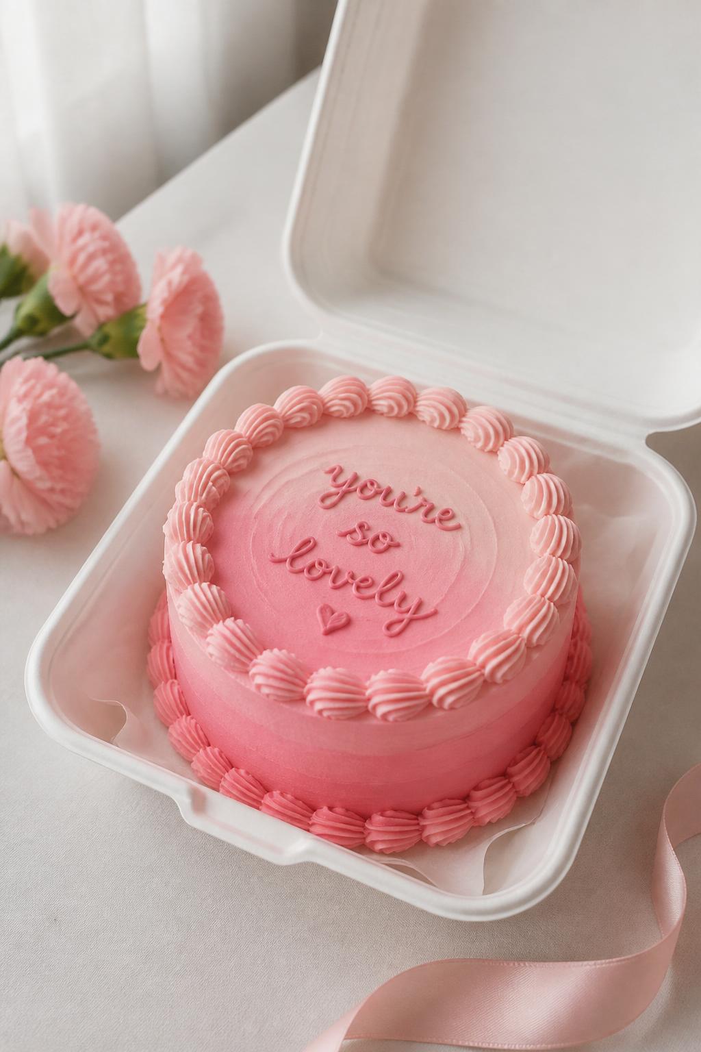 A pretty ombre pink bento cake in an open white cake box, buttercream frosting that fades from pale blush to medium rose pink, neat piped border, soft romantic styling, clean dessert setup, natural window light, realistic editorial food photography, no people, no hands, no faces, no watermarks on images
