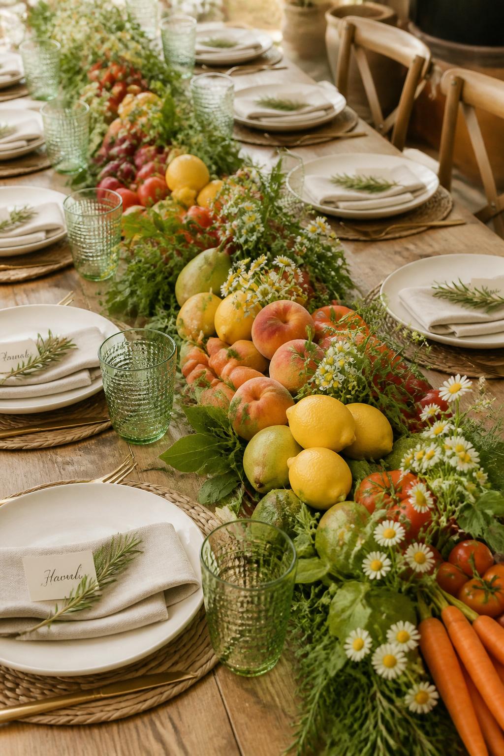 Image Prompt:
A realistic single-image baby shower tablescape with a long wooden dining table decorated with a fresh produce table runner, rows of lemons, pears, peaches, tomatoes, baby carrots, herbs, and small white flowers placed down the center, soft linen napkins, cream plates, light green glass cups, woven placemats, small name cards tucked beside rosemary sprigs, garden brunch setting, natural sunlight, no people, no faces, clean editorial party decor photo, warm soft colors, realistic food and fabric textures, no watermarks on images